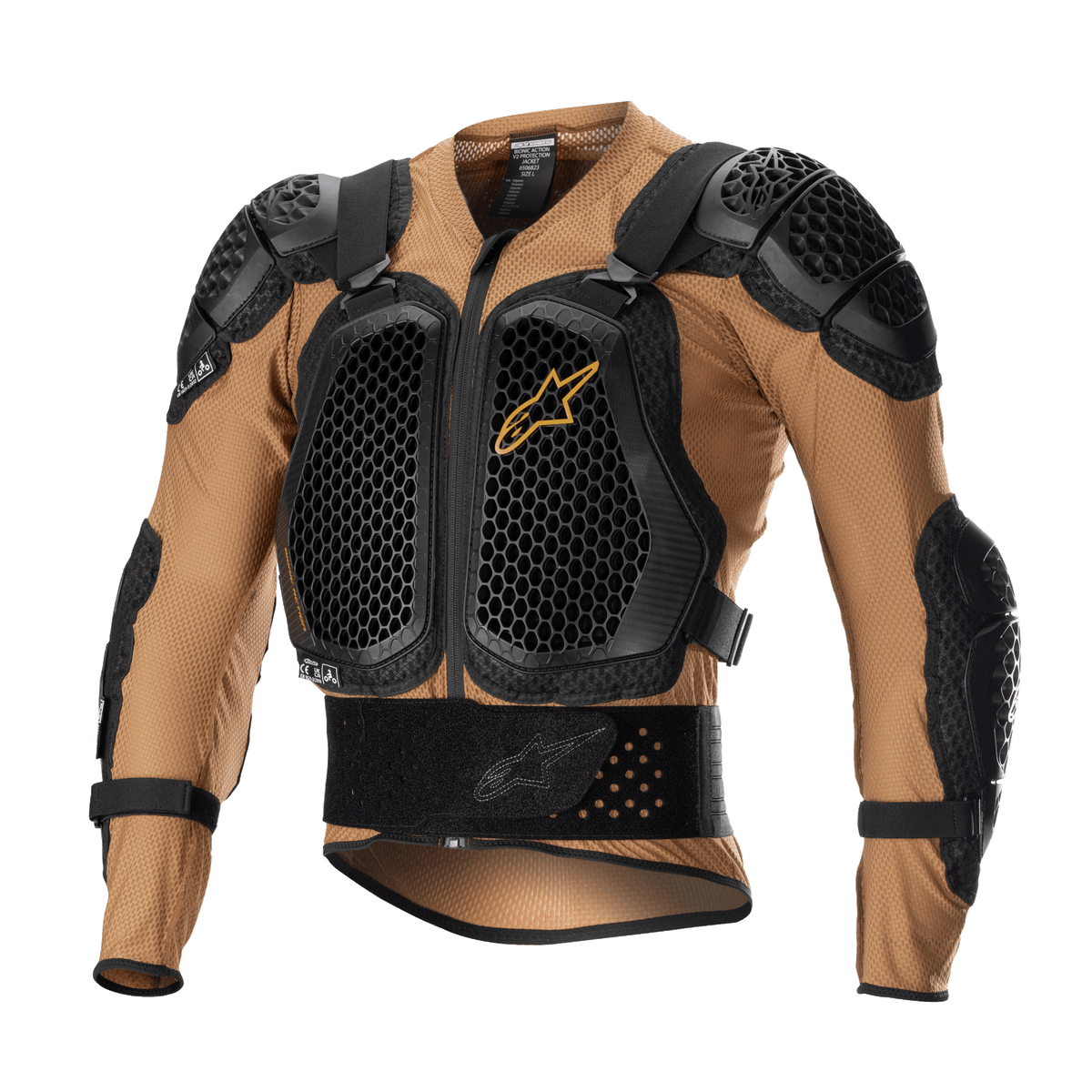Alpinestars Bionic Action V2 beskyttelsesjakke, motorcykelbeskyttelse, sandfarvet og sort med orange detaljer, bikubemønstret Cell Technology bryst- og skulderbeskyttelse, åndbar mesh-konstruktion, integreret nyrebælte og justerbare stropper, CE-certificeret til motocross og terrænkørsel