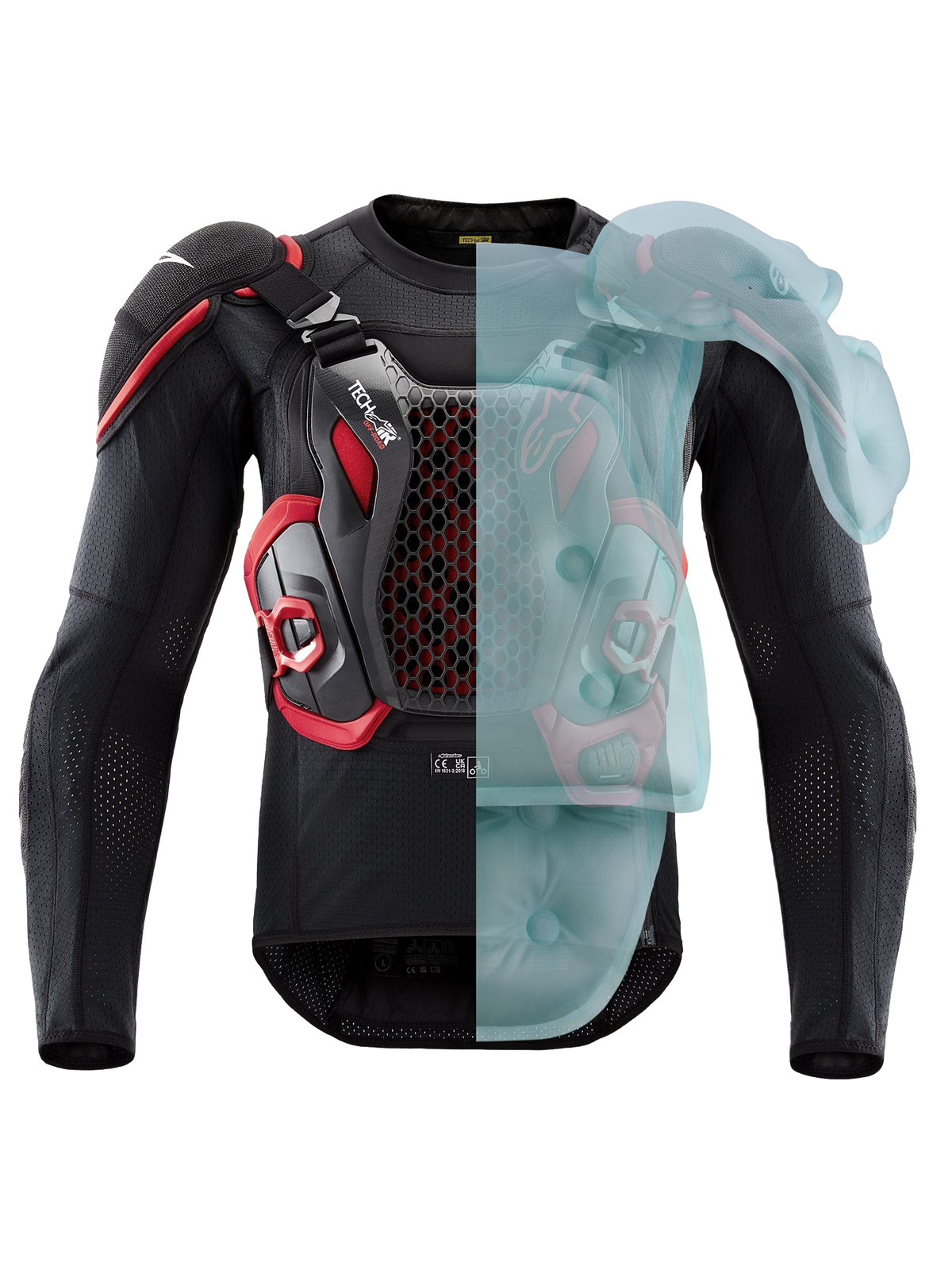 Alpinestars Tech-Air® Off-Road System, FIM-homologeret off-road og rally motorcykel airbagbeskyttelsesjakke, sort og rød, med aktiv airbagdækning på den ene side