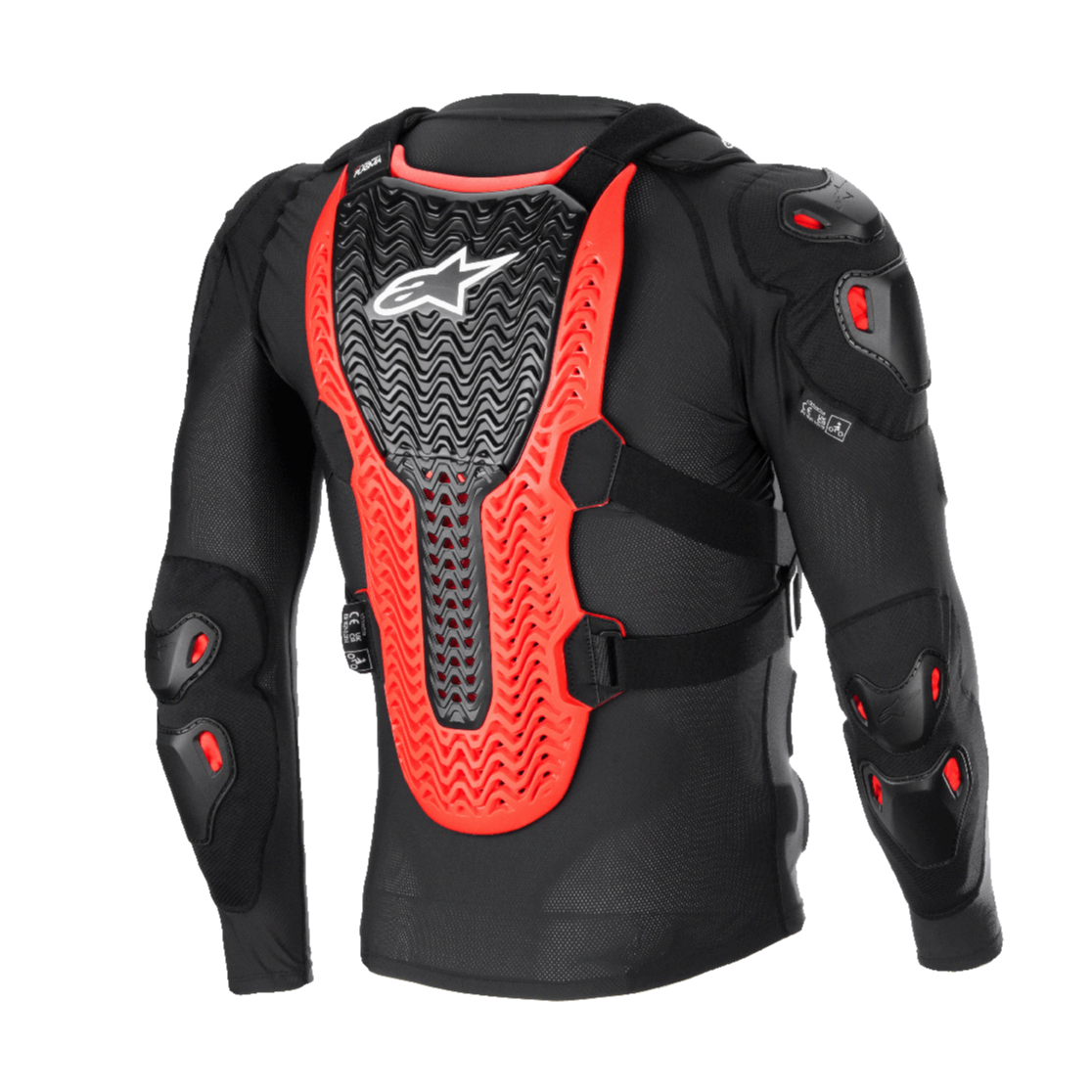 Alpinestars Bionic XTR Plasma beskyttelsesjakke, sort, rød og hvid, set bagfra med den store rillede Nucleon PLASMA rygbeskytter, skulder- og albuepolstring, sort mesh-konstruktion til off-road motocross-beskyttelse