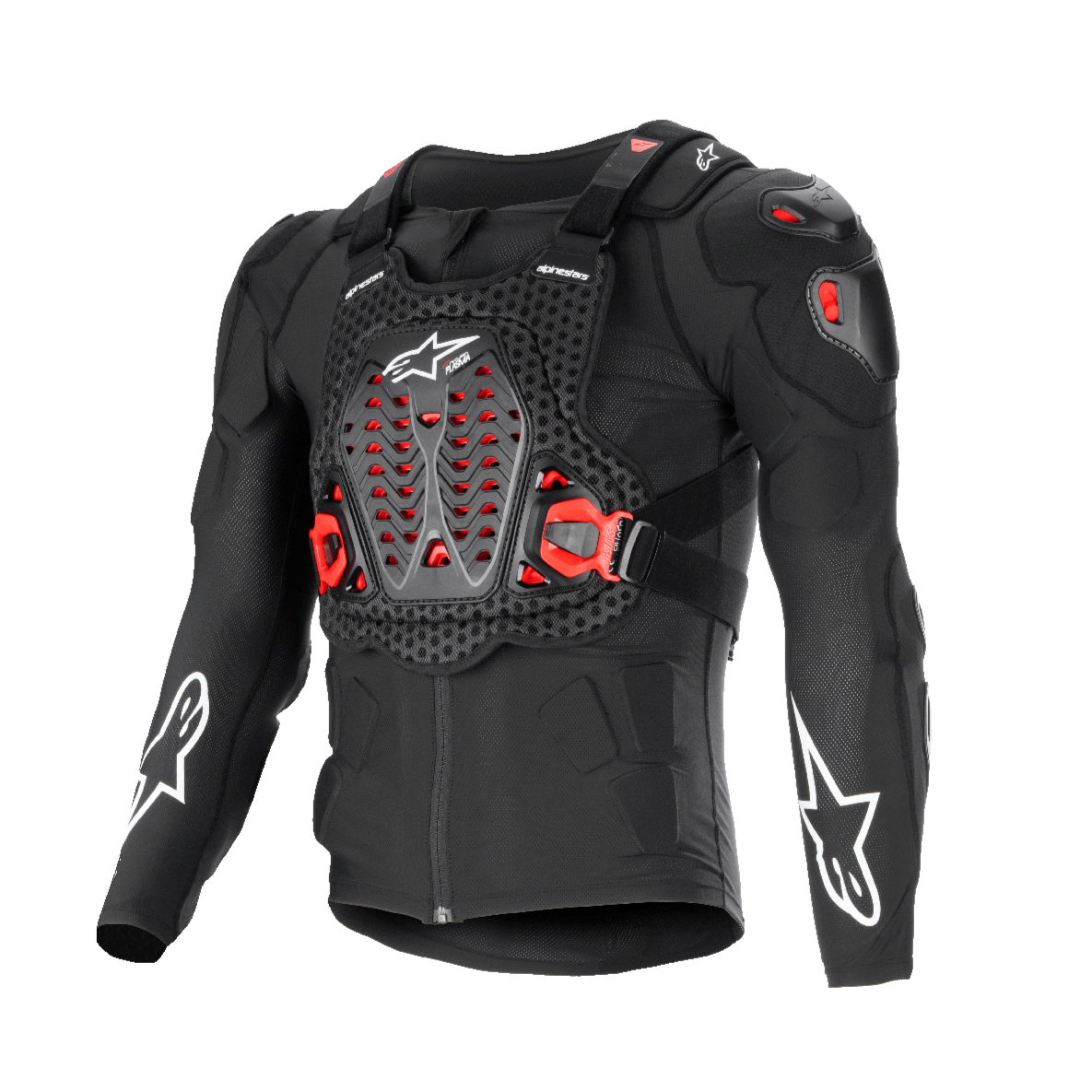 Alpinestars Bionic XTR Plasma Protection Jacket, sort med røde og hvide detaljer, motorcykel-beskyttelsesudstyr, åndbart chassis med mesh-tekstur, ventileret brystplade med røde Nucleon PLASMA-indsatser, hvide stjernelogoer på ærmerne, justerbare sidespænder, high-impact off-road udstyr