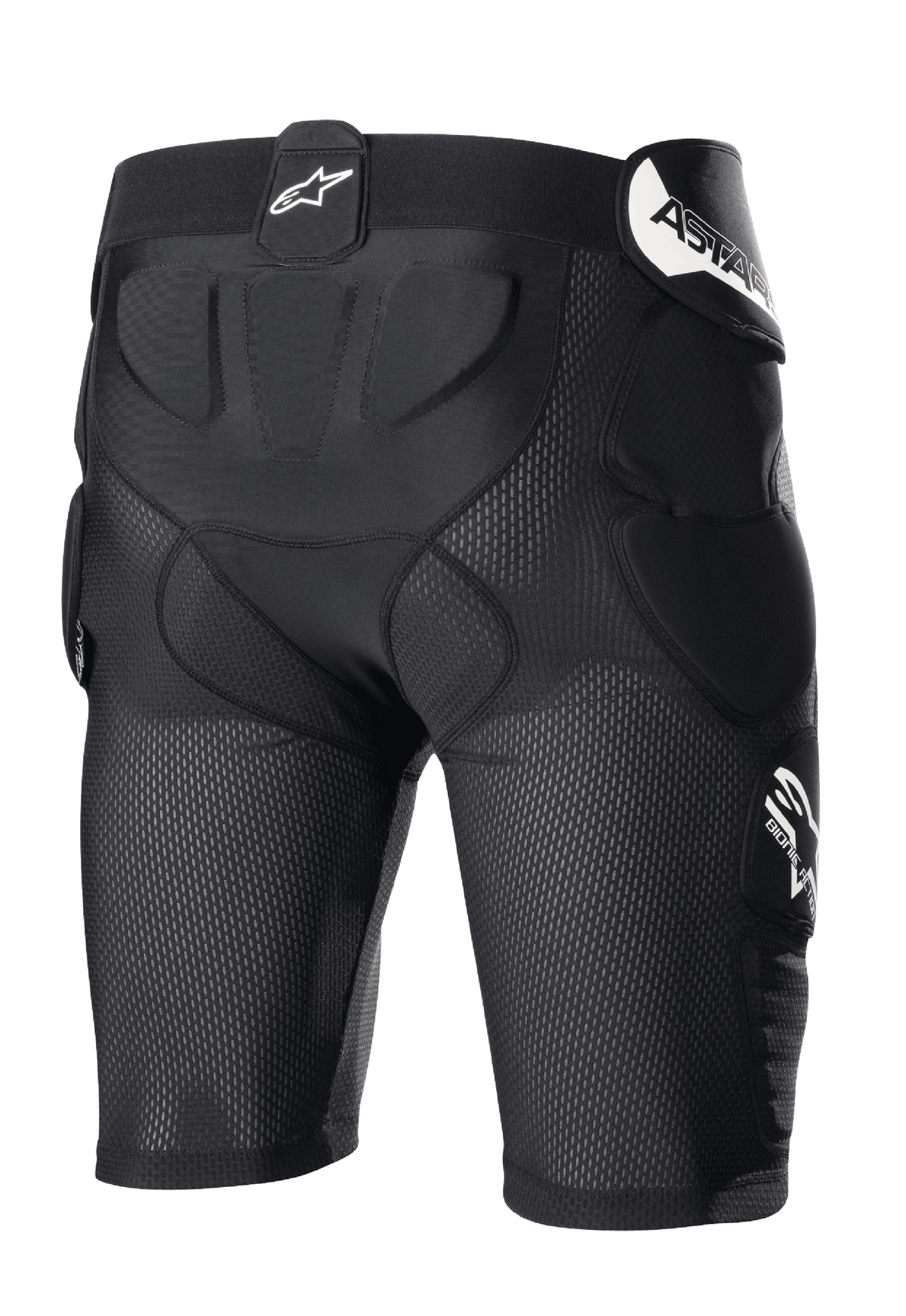 Alpinestars Bionic Action beskyttelsesshorts, sort, motocross beskyttelsesshorts med åndbar mesh-konstruktion, integreret polstring på hofter og haleben, med hvidt logo på taljebåndet og siden.