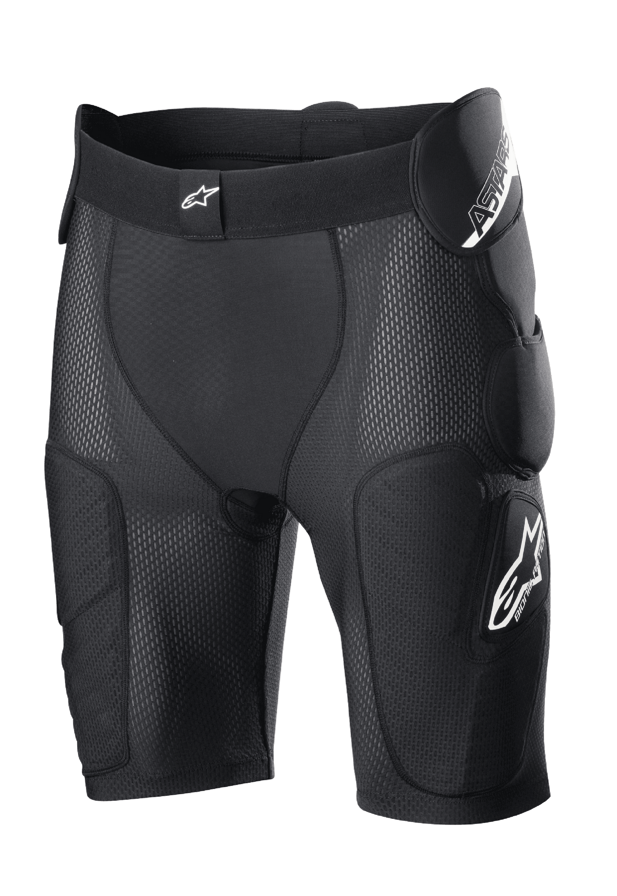 Alpinestars Bionic Action Protection Shorts, sort, med integreret polstring på hofter og lår, åndbar mesh-konstruktion, elastisk linning med hvidt logo, motocross- og off-road beskyttelsesudstyr