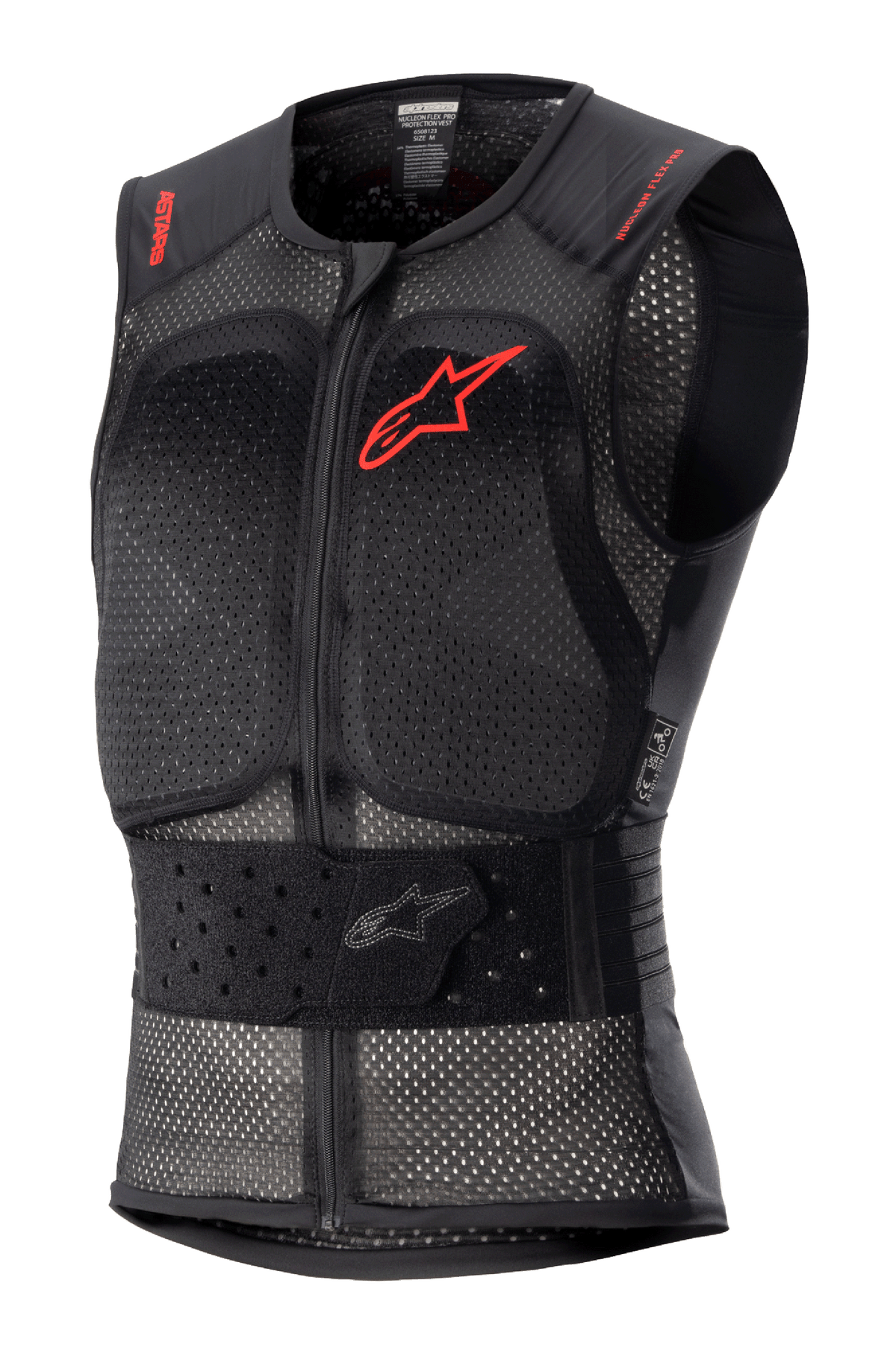 Alpinestars Nucleon Flex Pro Protection Vest, black sleeveless motorcycle body armor, perforated mesh chassis for airflow, red Alpinestars logo on chest and red text on shoulders, adjustable elasticated waist belt, front zipper, CE Level 2 certified back and chest protection
