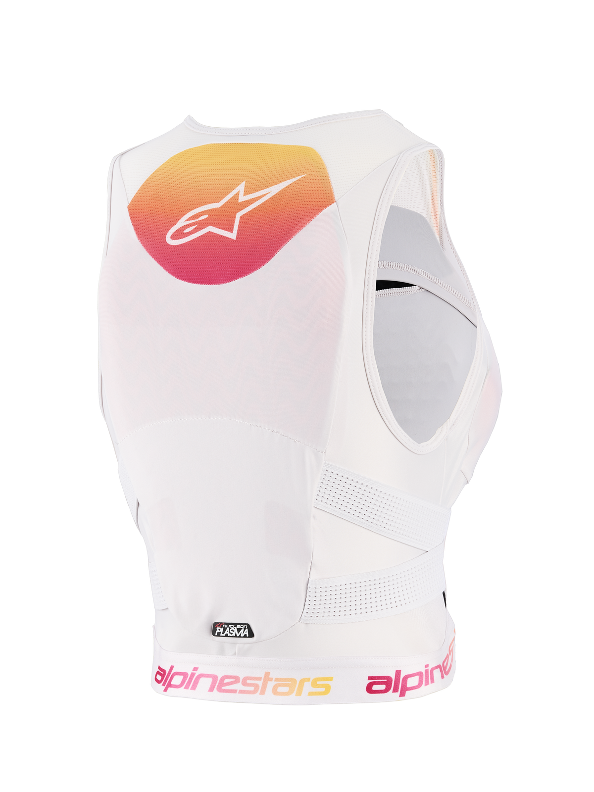 Alpinestars Stella Plasma brystbeskytter til kvinder, Light Lilac Fade White, set bagfra med gul og lyserød gradientgrafik og hvidt logo, hvid åndbar mesh-konstruktion og perforerede sidestropper til off-road beskyttelse.