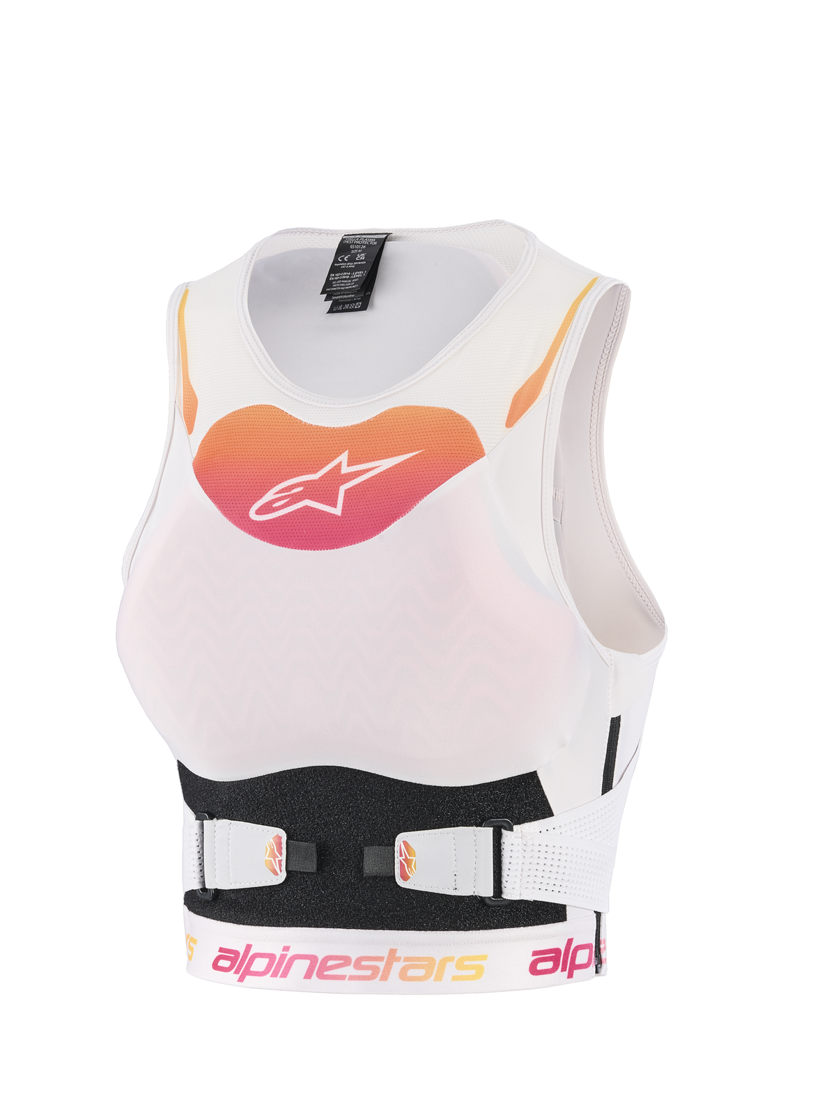 Alpinestars Stella Plasma brystbeskytter, motocross-beskyttelsesvest til kvinder, hvid med orange og pink gradient-logo, åndbar mesh-konstruktion med justerbare V-bælte-stropper, ergonomisk off-road kropsbeskyttelse