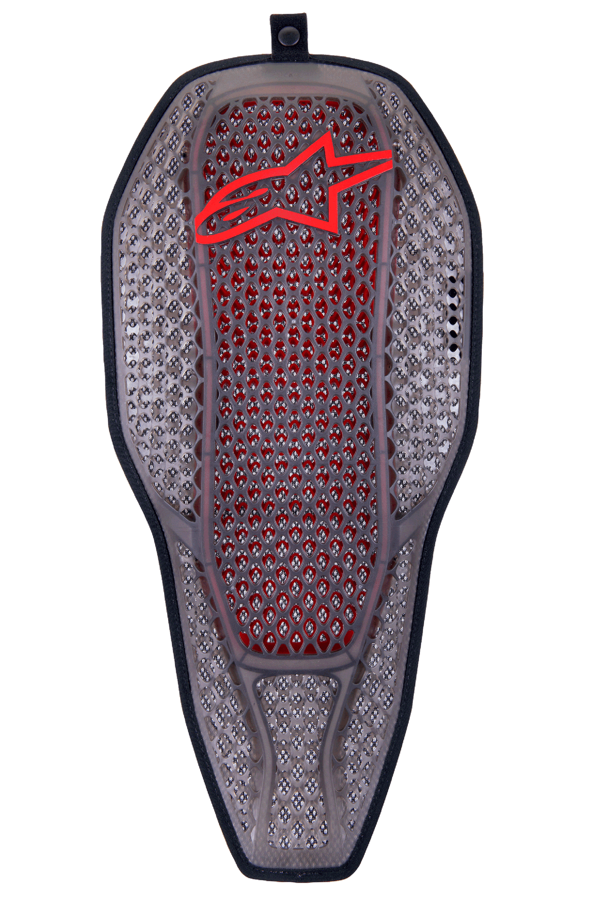 Alpinestars Nucleon Flex Proi fuld rygbeskytterindsats, Transparent Smoke Red, røggrå sekskantet cellestruktur med rød indre kerne, rødt Alpinestars-logo øverst, ergonomisk aflang skjoldform, højventileret motorcykelbeskyttelsesudstyr