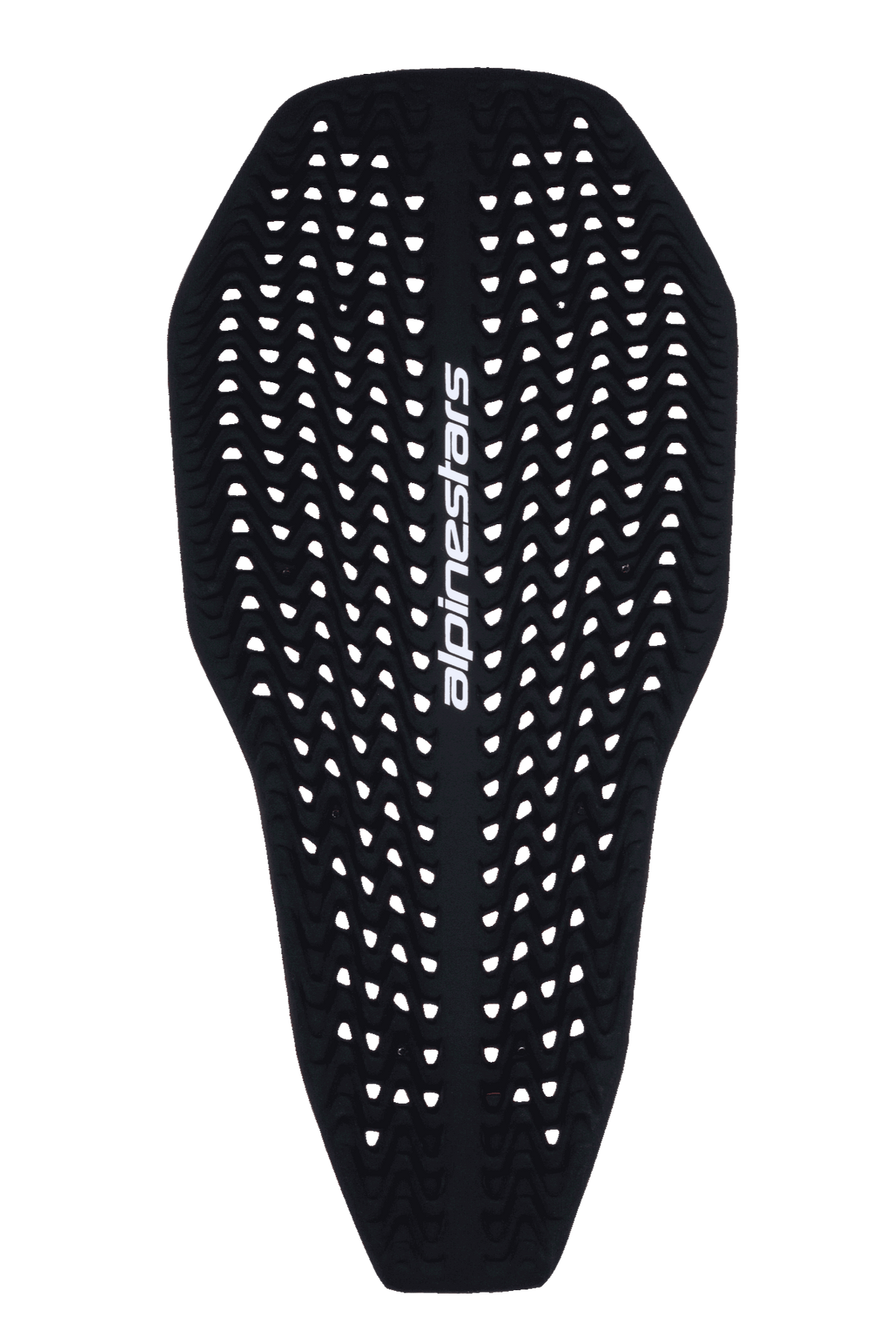 Alpinestars Nucleon Plasma Full Back Protector Insert, rygbeskytter til motorcykel, sort, med en perforeret bølgeformet tekstur til ventilation, hvidt lodret Alpinestars-logo, slankt og fleksibelt kontureret design