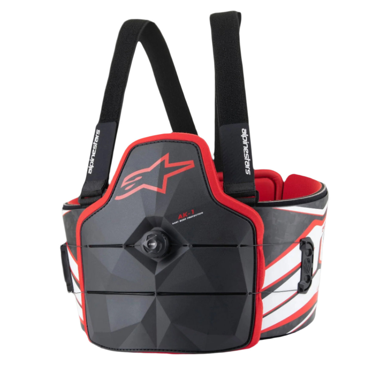 Alpinestars AK-1 Kart Body Protector, kropsbeskytter til karting, sort hvid og rød, med speed-lace drejelukning, ribbenspaneler med kulfibertekstur og rødt Astars-logo, professionelt FIA-homologeret sikkerhedsudstyr
