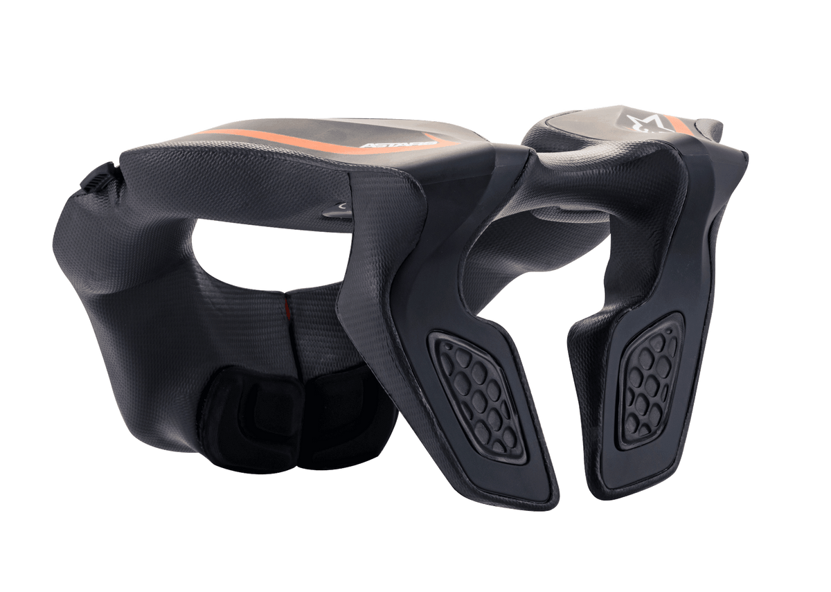 Alpinestars Youth Neck Support, Motocross Neck Protector, Black with Orange accents and white logo, injected polymer frame with EVA foam padding, designed for youth rider safety during off-road racing