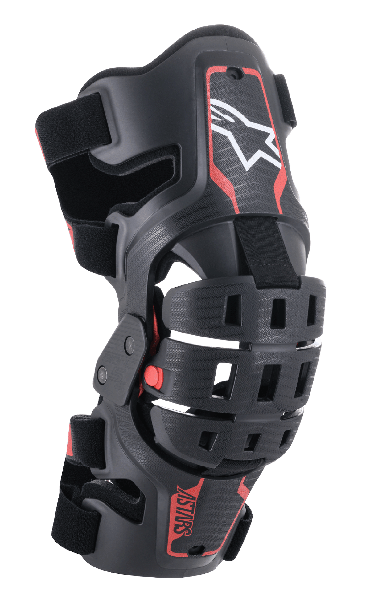 Alpinestars Youth Bionic 5S knæskinne, motocross knæbeskytter, sort og rød, med hvidt stjernelogo, leddelt fire-punkts hængselsystem, robust kompositramme med justerbare stropper, designet til off-road racing til unge