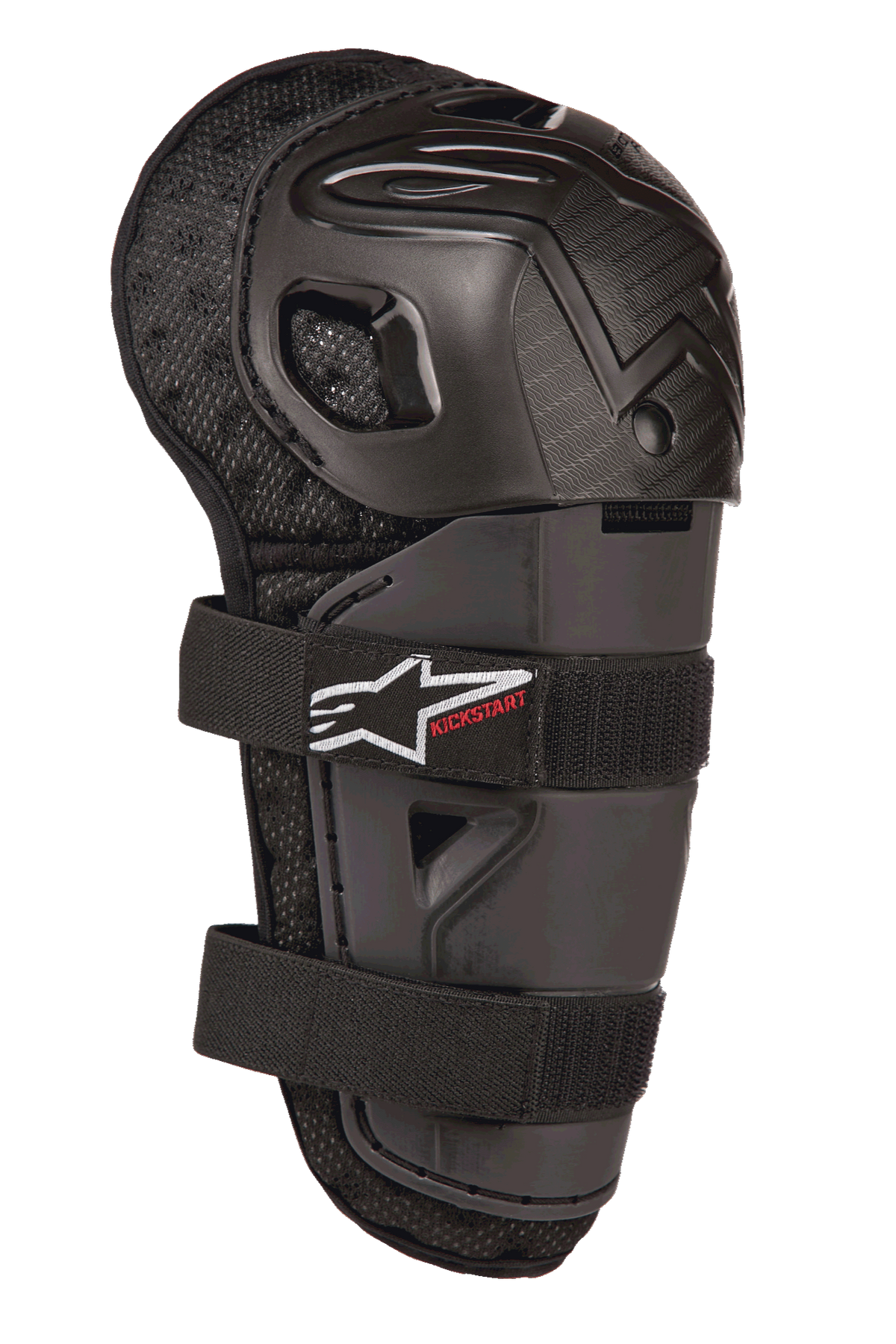 Alpinestars Bionic Action Kickstart knæbeskytter, knæ- og skinnebensbeskytter til motocross til unge, sort, med artikuleret plastskal, dobbelt elastisk stroplukning med hvidt logo og rød Kickstart-branding, polstret mesh-bagside til off-road beskyttelse