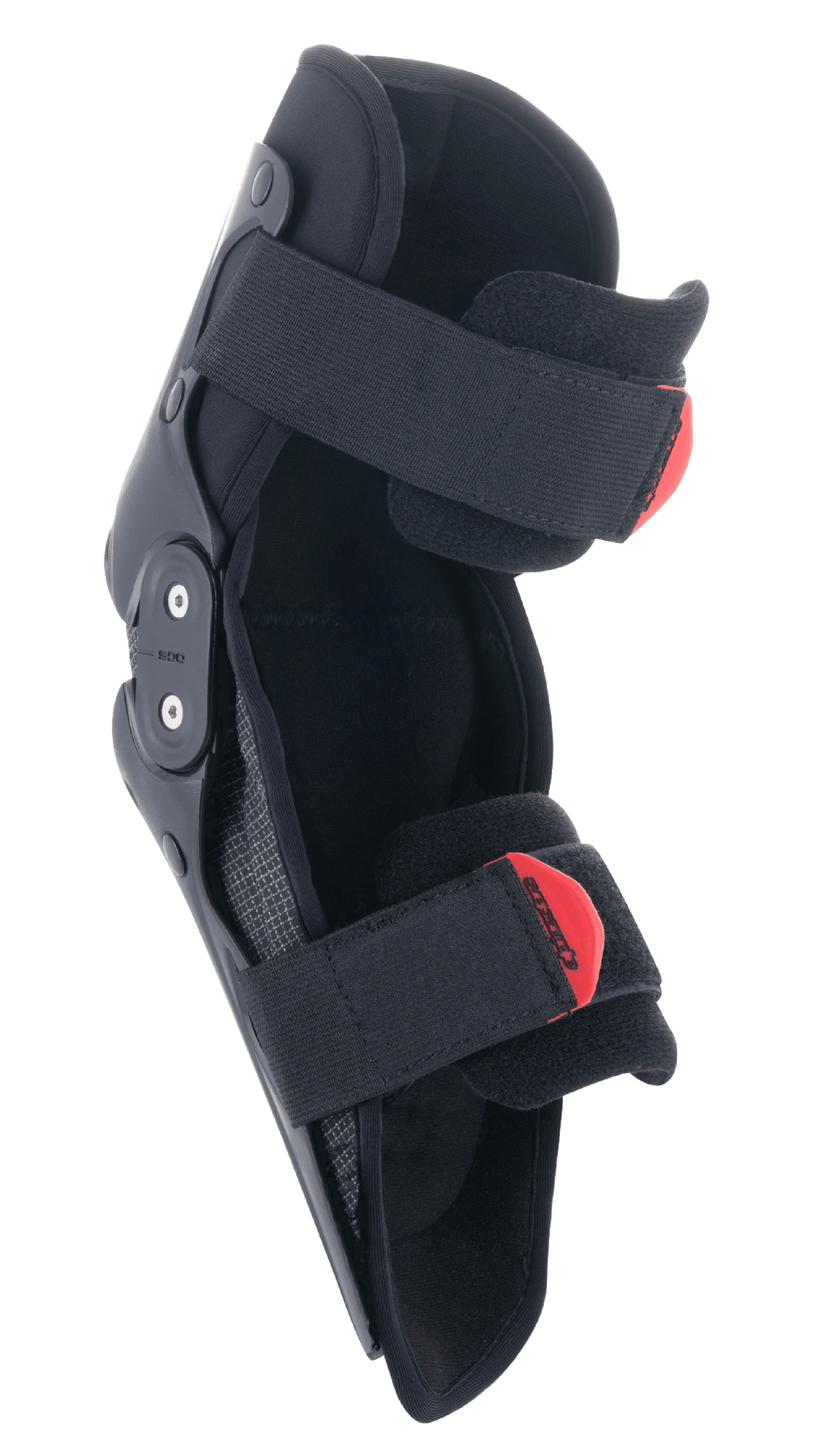 Alpinestars SX-1 Youth knæbeskytter, motocross knæbeskyttelse til unge, sort og rød, med dobbelt pivot hængsel system og justerbart dobbelt remsystem med røde pull-tabs, let og holdbar beskyttelse til unge off-road kørere