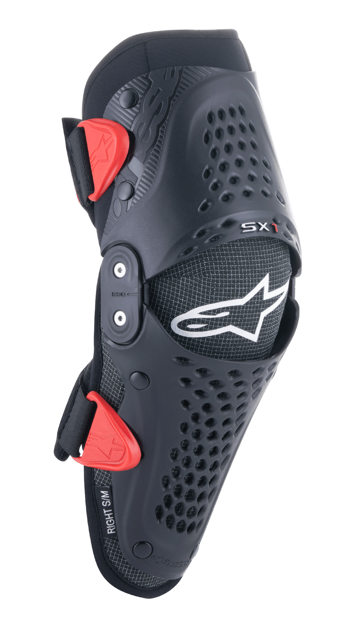 Alpinestars Youth SX-1 Knee Protectors, Motocross Knee Guards, Black and Red, featuring perforated ventilation holes, dual-pivot hinge system, adjustable straps with red buckles, white star logo, youth off-road motorcycle protection