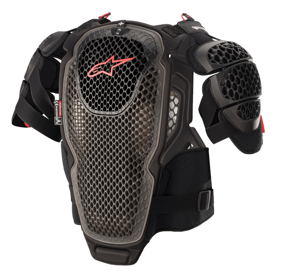 Alpinestars A-6 brystbeskytter, motocross kropsbeskyttelse, sort, antracit og rød, med perforerede cell-teknologiplader, rødt Alpinestars-logo på brystet, justerbare stropper og aftagelige skulderbeskyttere, beskyttende off-road udstyr