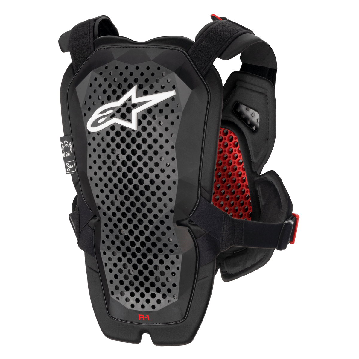 Alpinestars A-1 Pro brystbeskytter, antracit, sort og rød, set bagfra viser rygbeskytterpanel, perforeret Polyhedron-teknologi til ventilation, hvidt Astars-logo, rød indvendig honeycomb-polstring, off-road motorcykelbeskyttelsesudstyr
