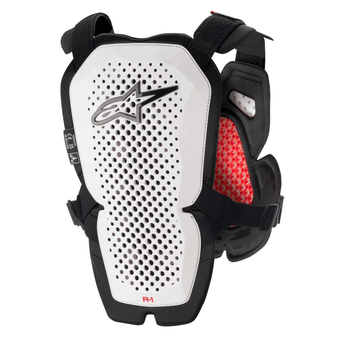 Alpinestars A-1 Pro brystbeskytter, hvid og sort med røde detaljer, perforeret rygpanel for ventilation, rød honeycomb-polstring indvendigt, letvægts motocross-beskyttelsesudstyr