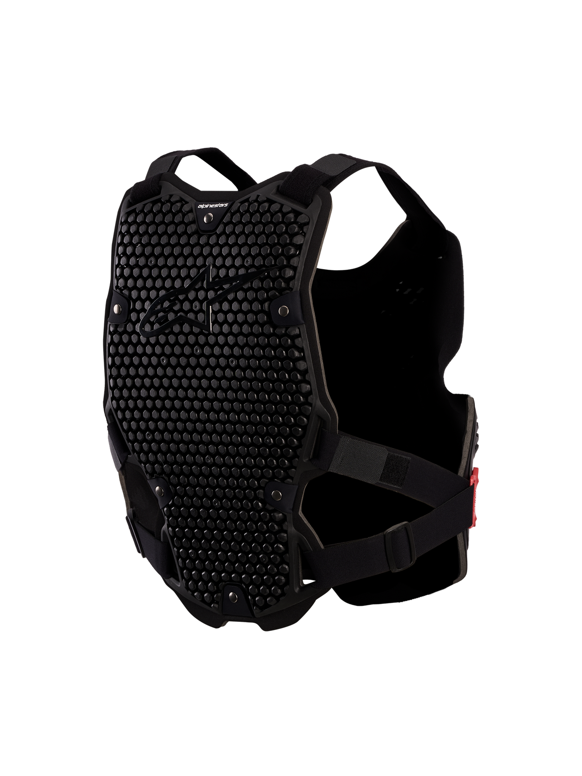 Alpinestars Bionic Action V2 Brystbeskytter, sort motocross kropsbeskyttelse med ventilerede A-Morph honeycomb-paneler og justerbare stropper til off-road kørsel.