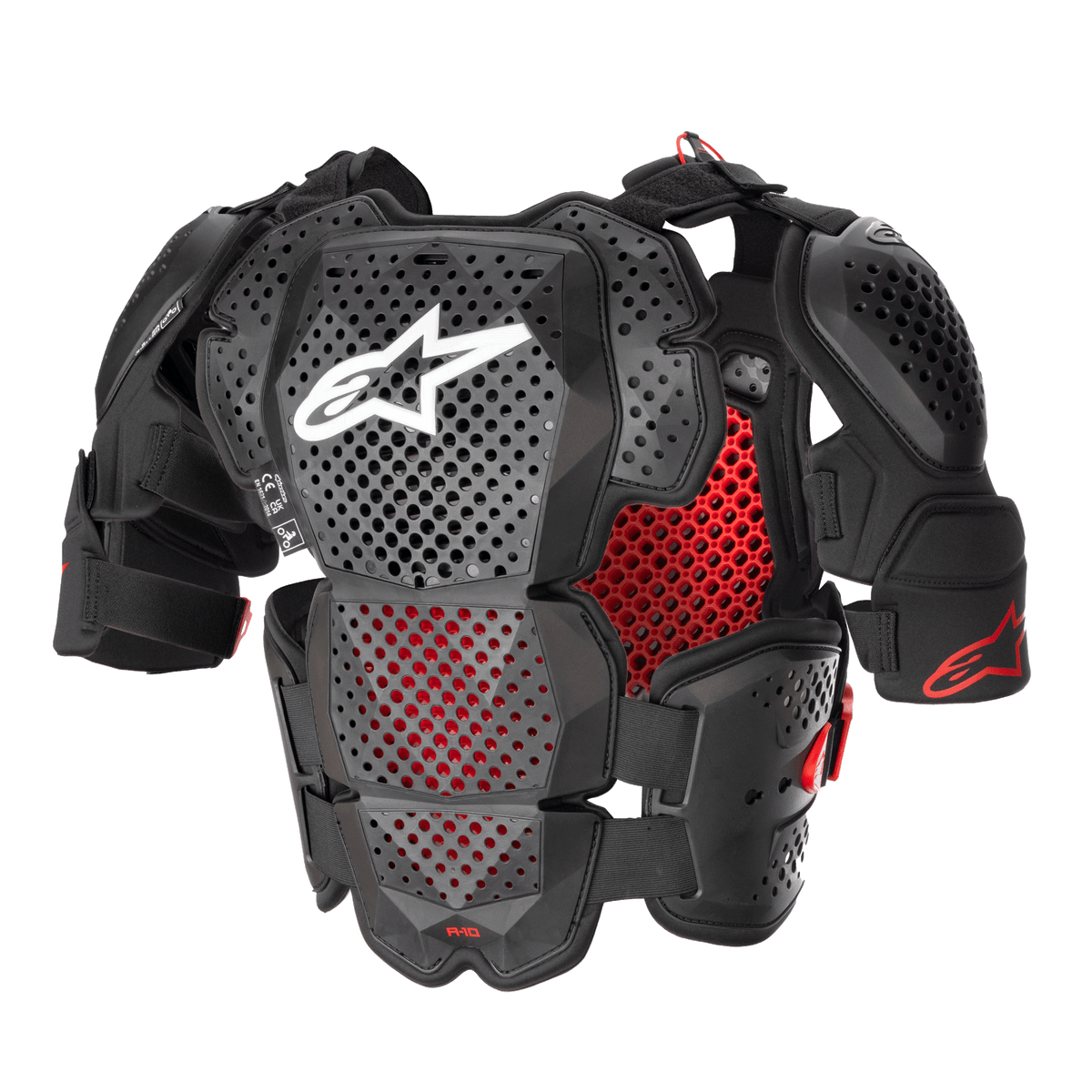 Alpinestars A-10 V2 Full Chest Protector, motocross kropsbeskyttelse, antracitsort og rød, med perforerede bryst- og skulderplader, rødt honeycomb-for, hvidt Alpinestars-logo midt på brystet, ultralet beskyttelsesudstyr
