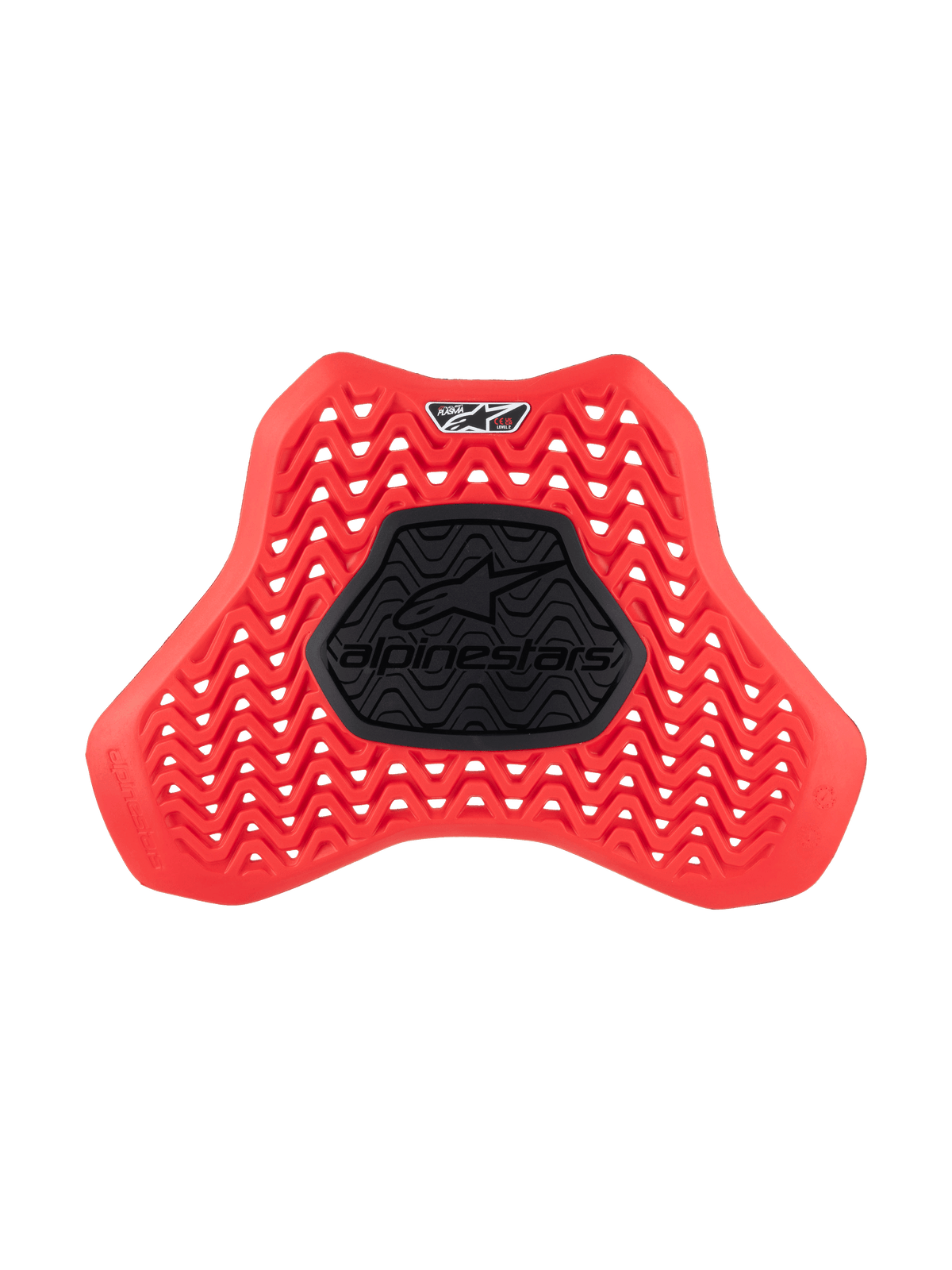 Alpinestars Nucleon Plasma Full Chest Protector-indsats, brystbeskytter til motorcykel, rød og sort, bølget ventileret mønster for luftgennemstrømning, central sort semi-rigid zone med Alpinestars-logo, ergonomisk skjolddesign for stødbeskyttelse