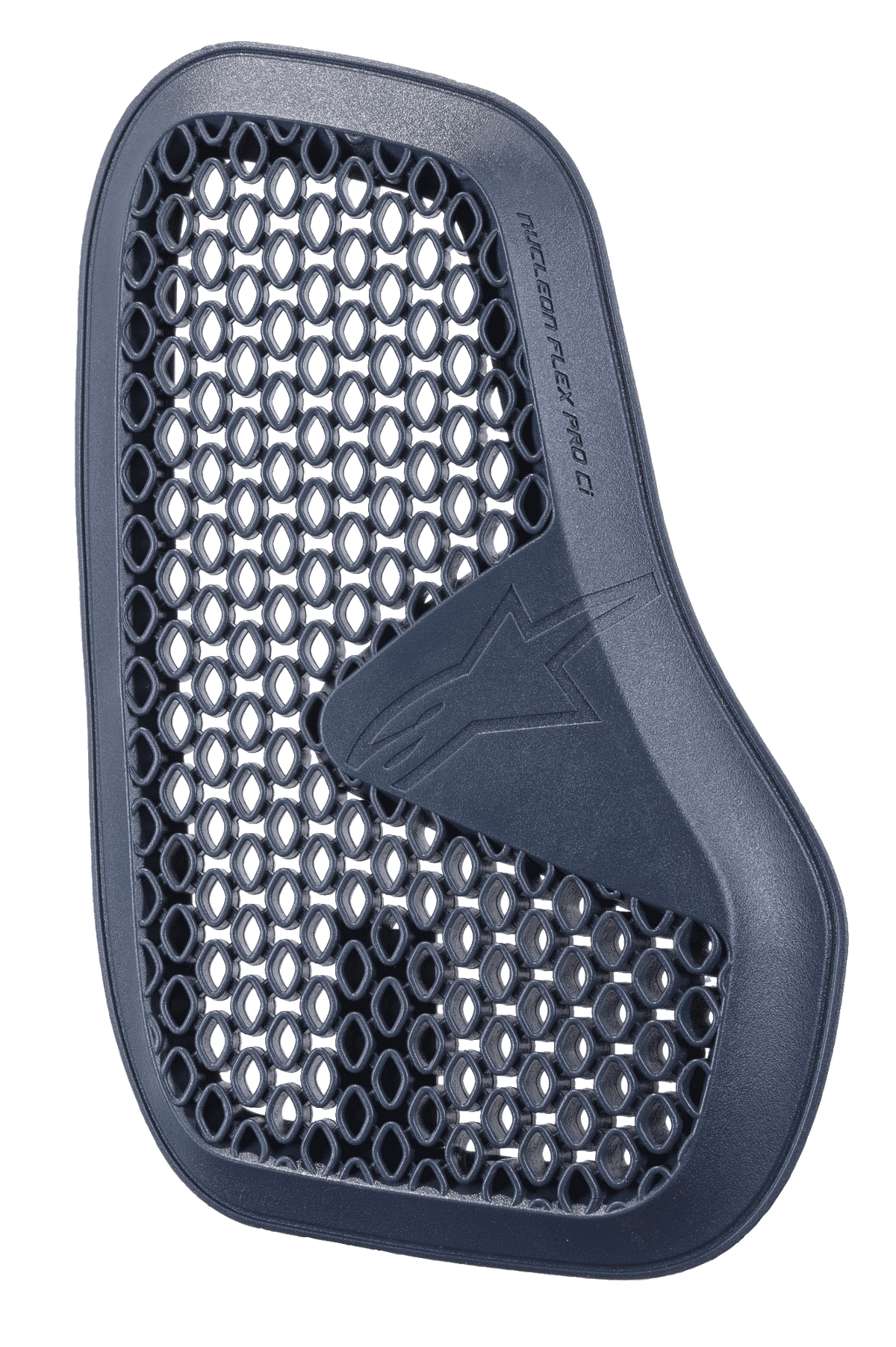 Alpinestars Nucleon Flex Pro Ci beskytter, antracitgrå brystbeskytter til motorcykel, venstre del af et todelt sæt, bikagestruktur til ventilation og energiabsorption, præget Alpinestars-logo og tekst, letvægts ergonomisk design