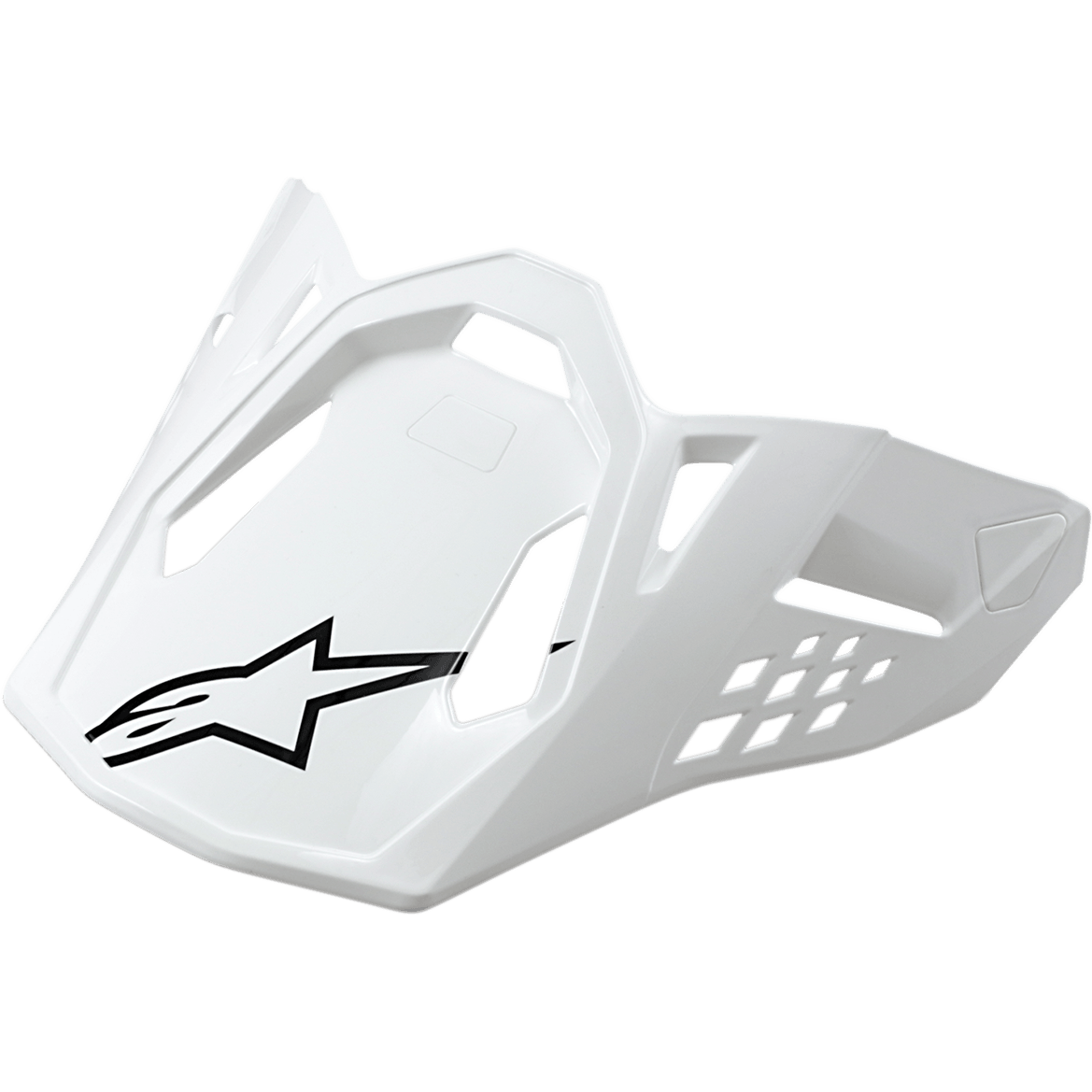 Alpinestars Supertech M10/M8 visir, visir til motorcykelhjelm, blank hvid med sort stjernelogo, vinklet design med ventilationsudskæringer, aerodynamisk konstruktion