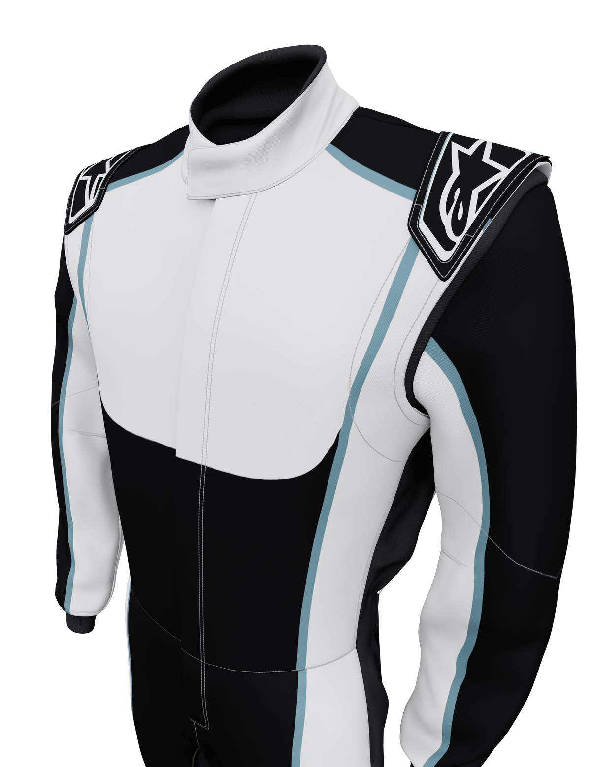 Alpinestars Tech Vision V3 specialdesignet autokøredragt, sort og hvid med lyseblå detaljer, FIA-certificeret udstyr.