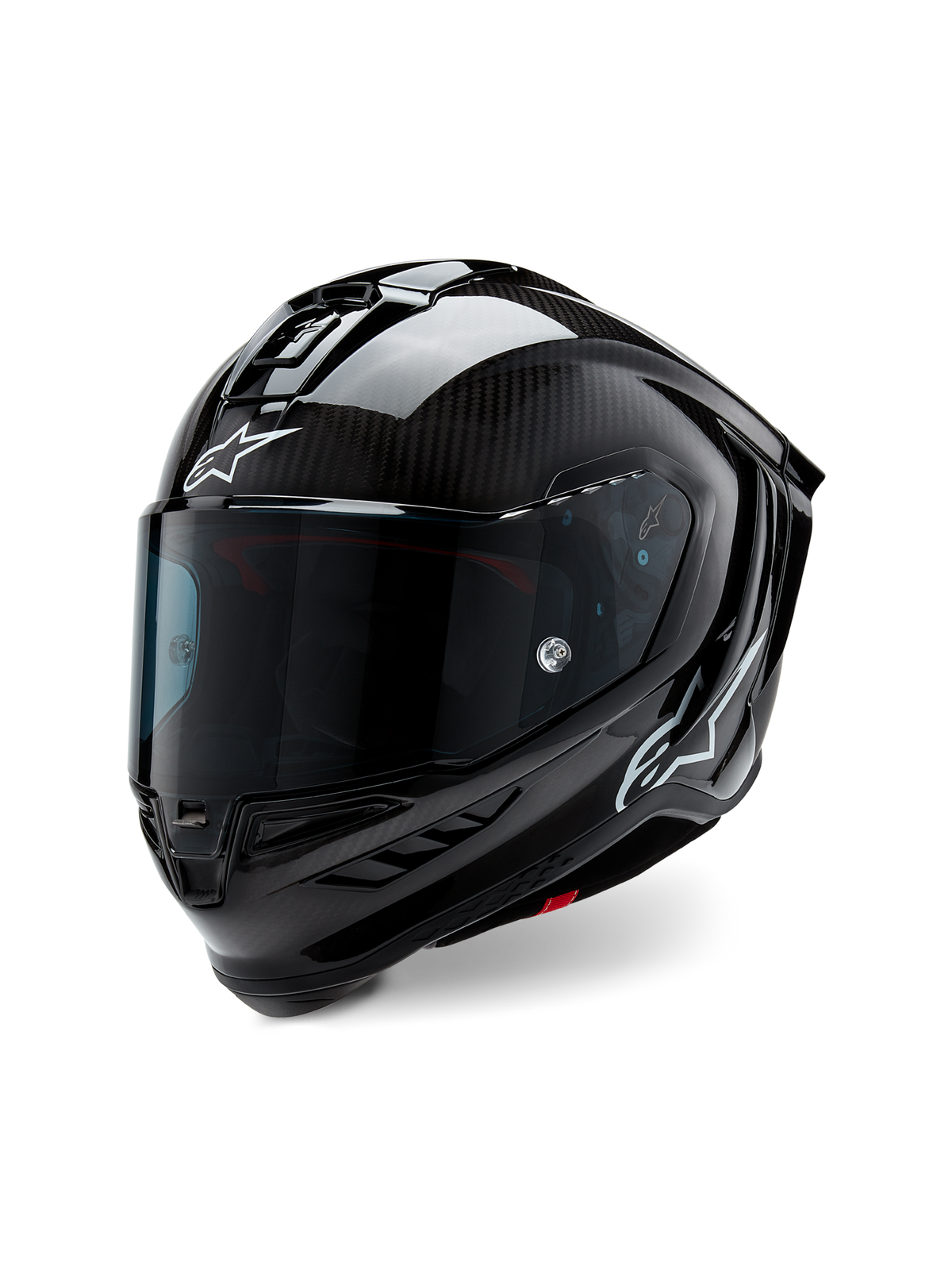 Alpinestars Supertech R10 Solid Helmet, Motorcycle Racing Helmet, Black Carbon Matte and Glossy, featuring visible carbon fiber weave, dark tinted visor, white Astars logos, sleek aerodynamic design