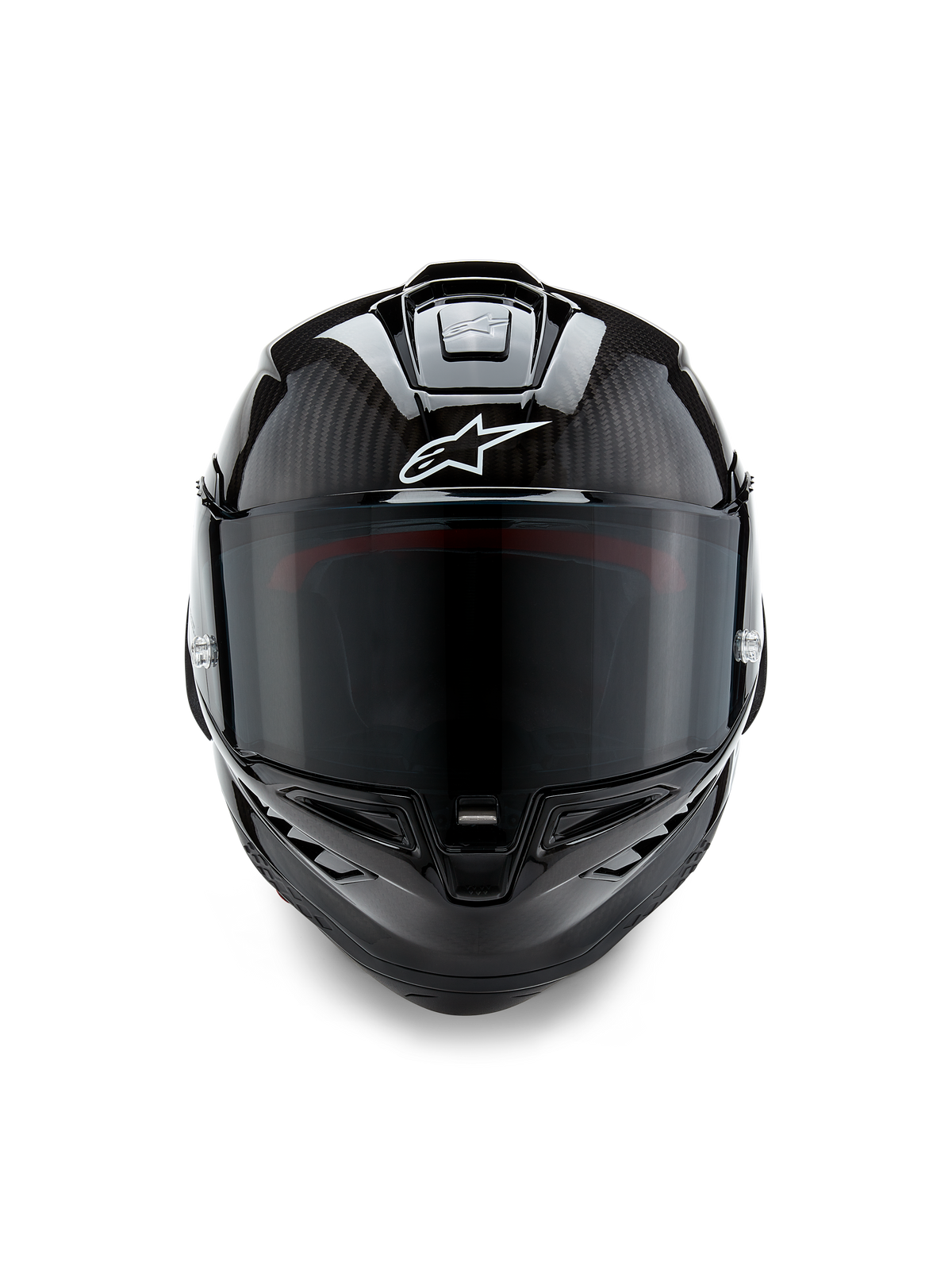 Alpinestars Supertech R10 Solid Helmet, Motorcycle Racing Helmet, Black Carbon Matte and Glossy, ECE and FIM Certified, front view showing carbon composite shell and tinted visor
