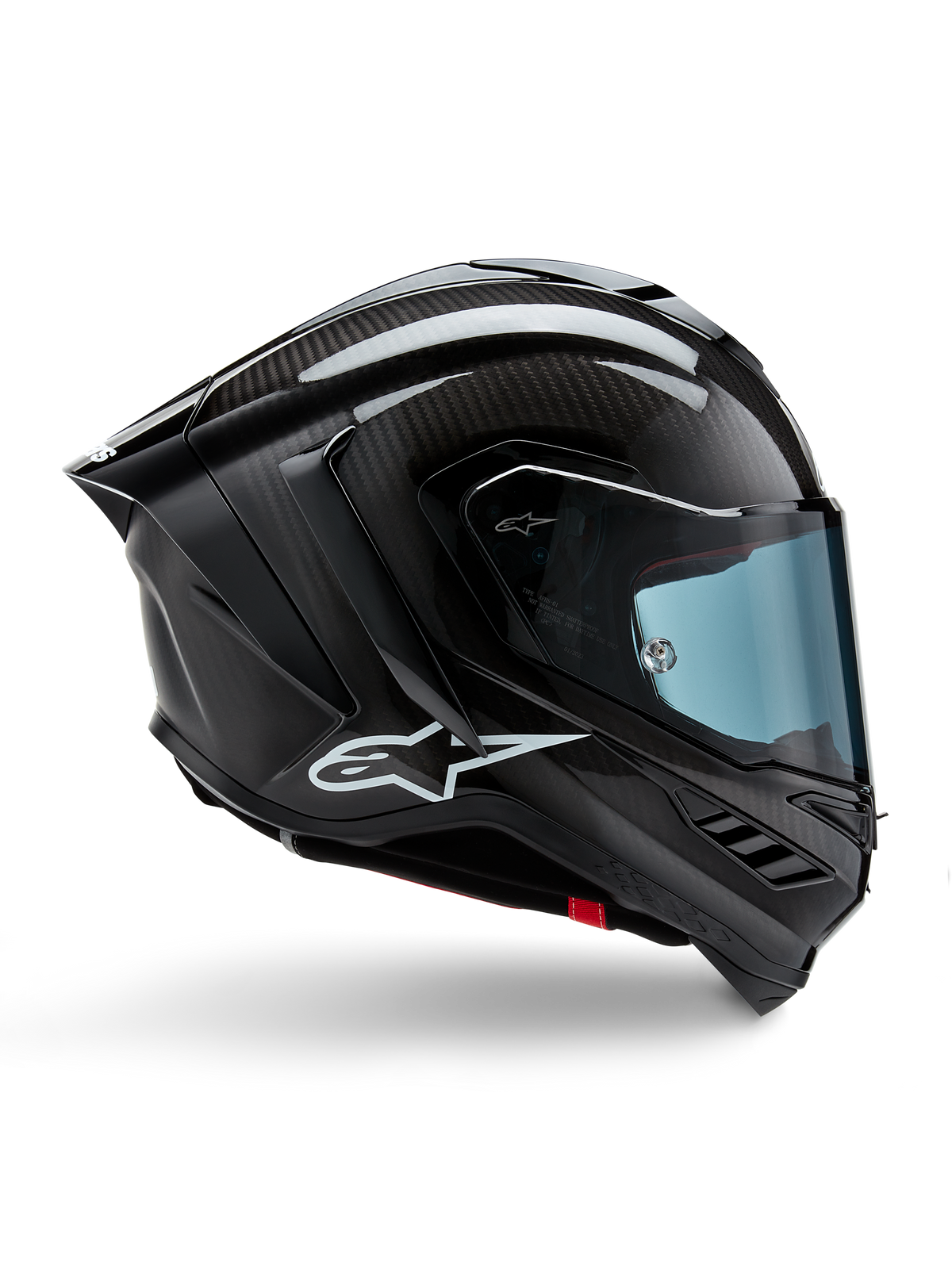 Alpinestars Supertech R10 Solid Helmet, Black Carbon Matte and Glossy, Motorcycle Racing Helmet, Carbon Fiber Construction, Side Profile, Blue Tinted Visor, Aerodynamic Design with Winglets, White Logo, High-Performance MotoGP-Level Protection