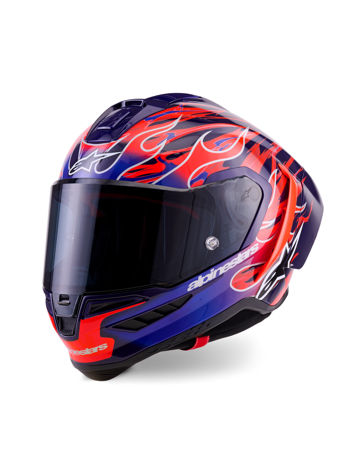 Alpinestars Supertech R10 Limited Edition Flyte hjelm, full-face racerhjelm, lilla og dybblå med levende orange flammegrafik, har et mørkt røgfarvet visir og aerodynamisk skal, højtydende motorsportudstyr