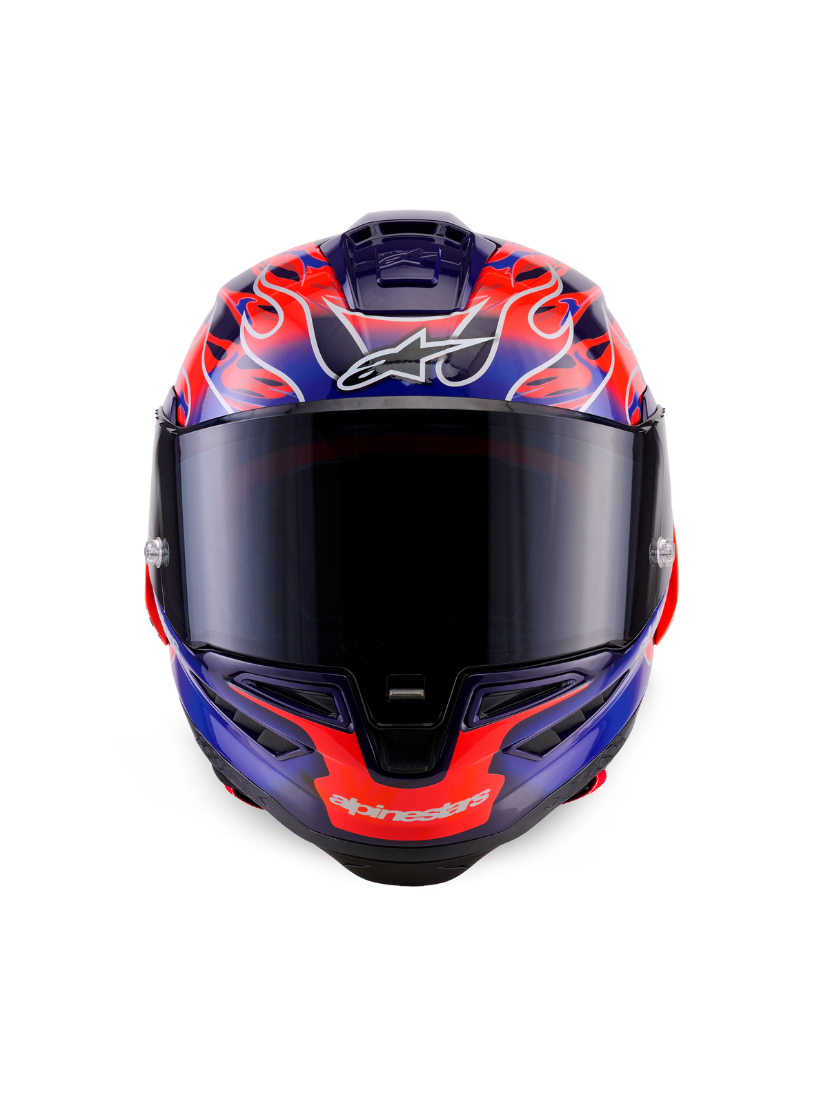 Alpinestars Supertech R10 Limited Edition Flyte hjelm, full-face racerhjelm, set forfra, lilla og orange flammemotiv, mørkt visir, aerodynamisk design til højpræstationskørsel