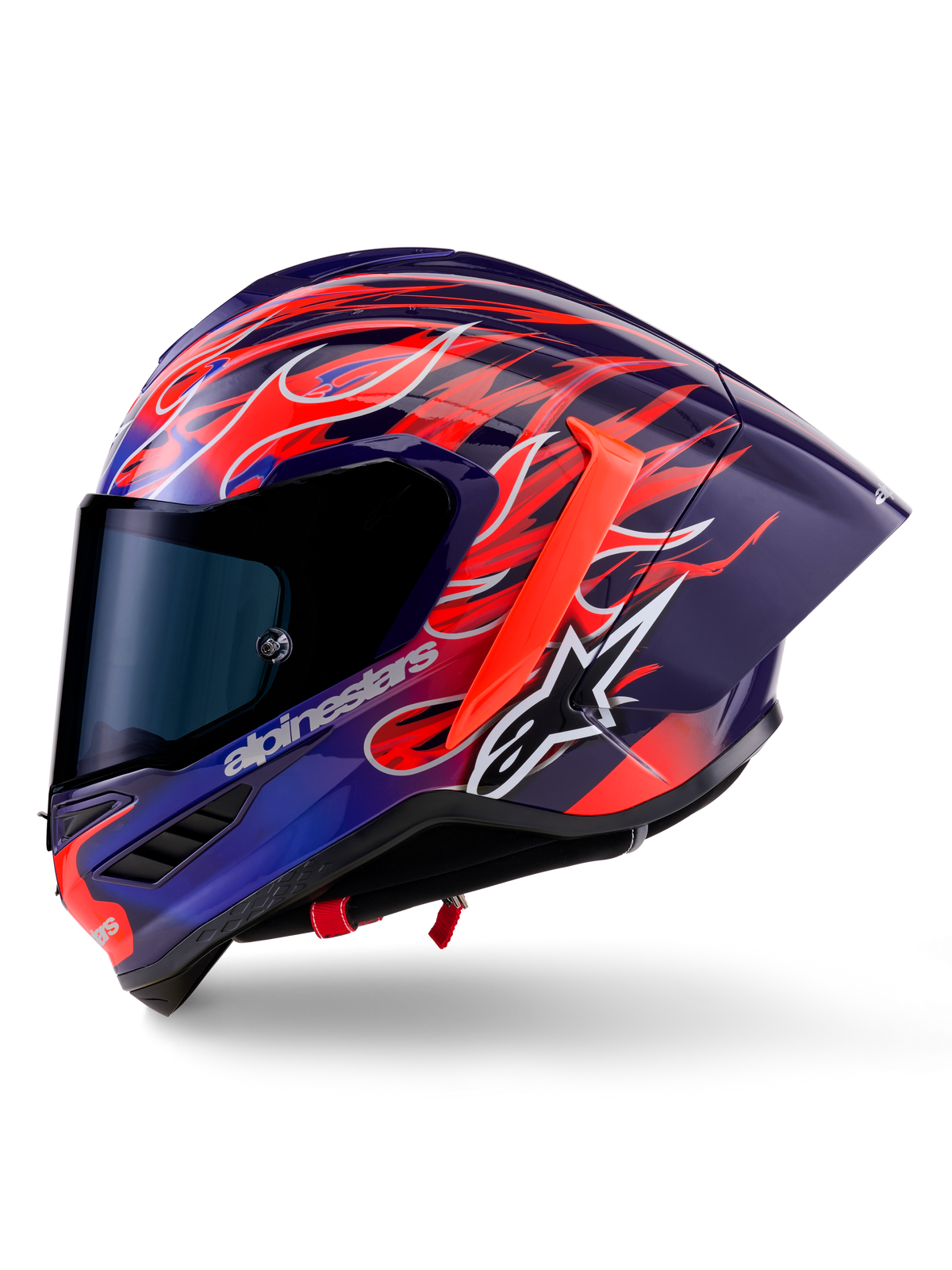 Alpinestars Supertech R10 Limited Edition Flyte-hjelm, full-face racerhjelm, lilla og rød blank med flammemotiv, udstyret med mørkt tonet visir og aerodynamisk bagspoiler