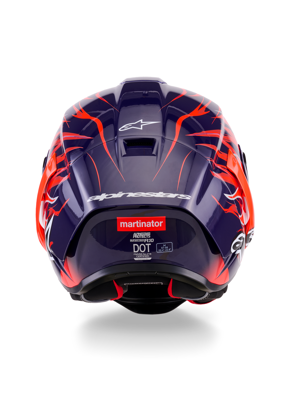 Alpinestars Supertech R10 Limited Edition Flyte hjelm set bagfra, mørkelilla blank skal med livlig orange flammegrafik, hvid Alpinestars branding og 'martinator'-logoet på bagsiden.