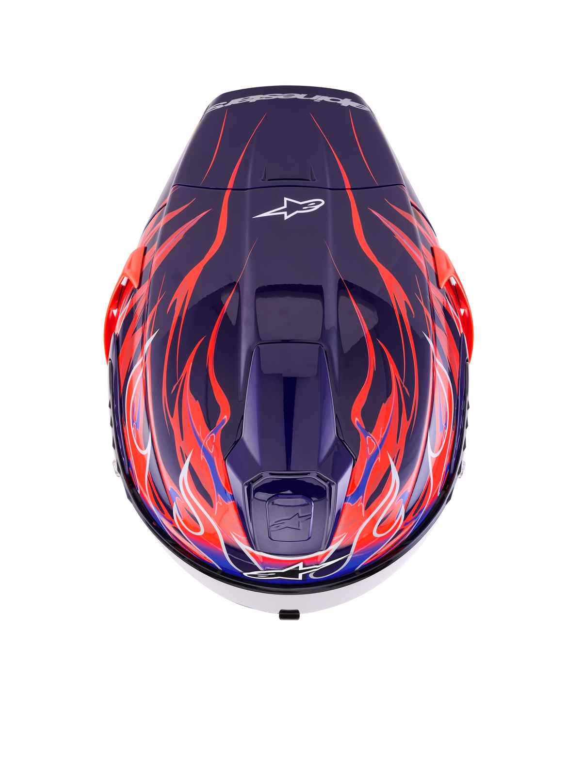 Alpinestars Supertech R10 Limited Edition Flyte hjelm, fuld-face racinghjelm, lilla og rød blank med dybblå og brændende orange flammemotiver, set fra oven med topventilation og Alpinestars-logo, professionelt aerodynamisk design til højtydende kørsel