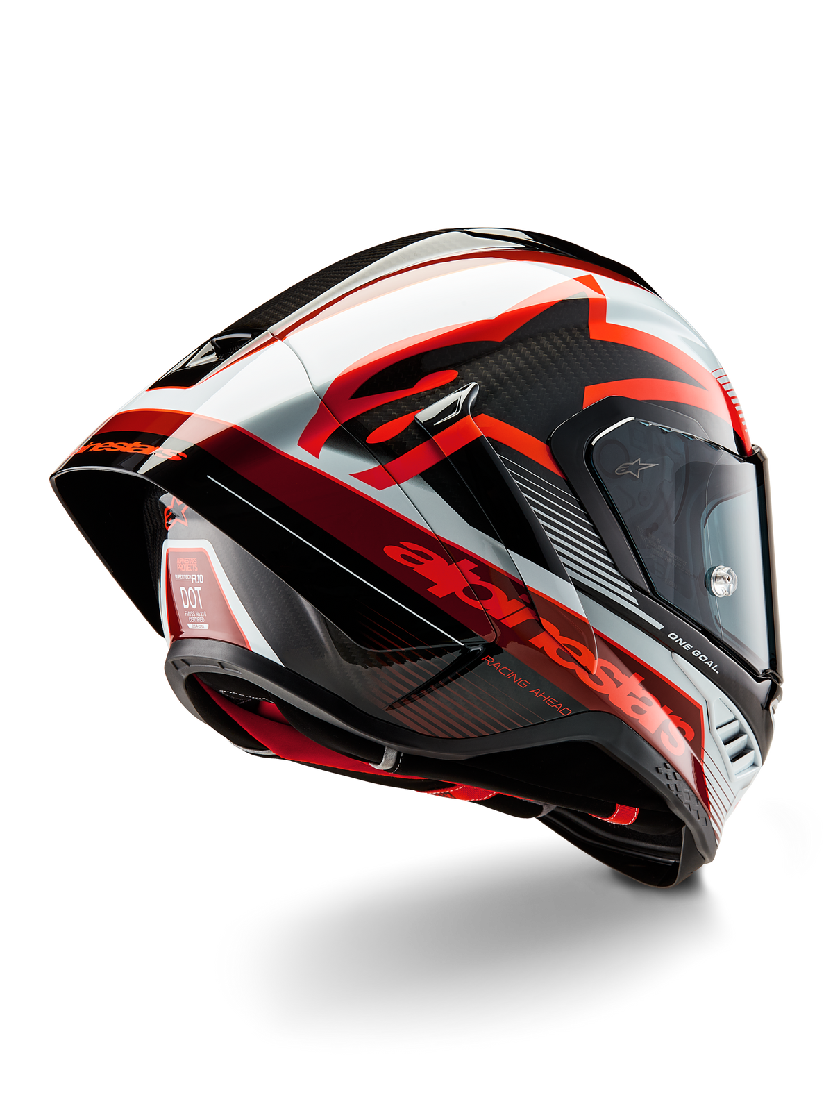 Alpinestars Supertech R10 Team hjelm, full-face racerhjelm, sort kulfiber, rød og hvid i blank finish, aerodynamisk design med bagspoiler og synlig kulfiberstruktur, med markante Alpinestars-logoer og DOT-certificeringsmærkat