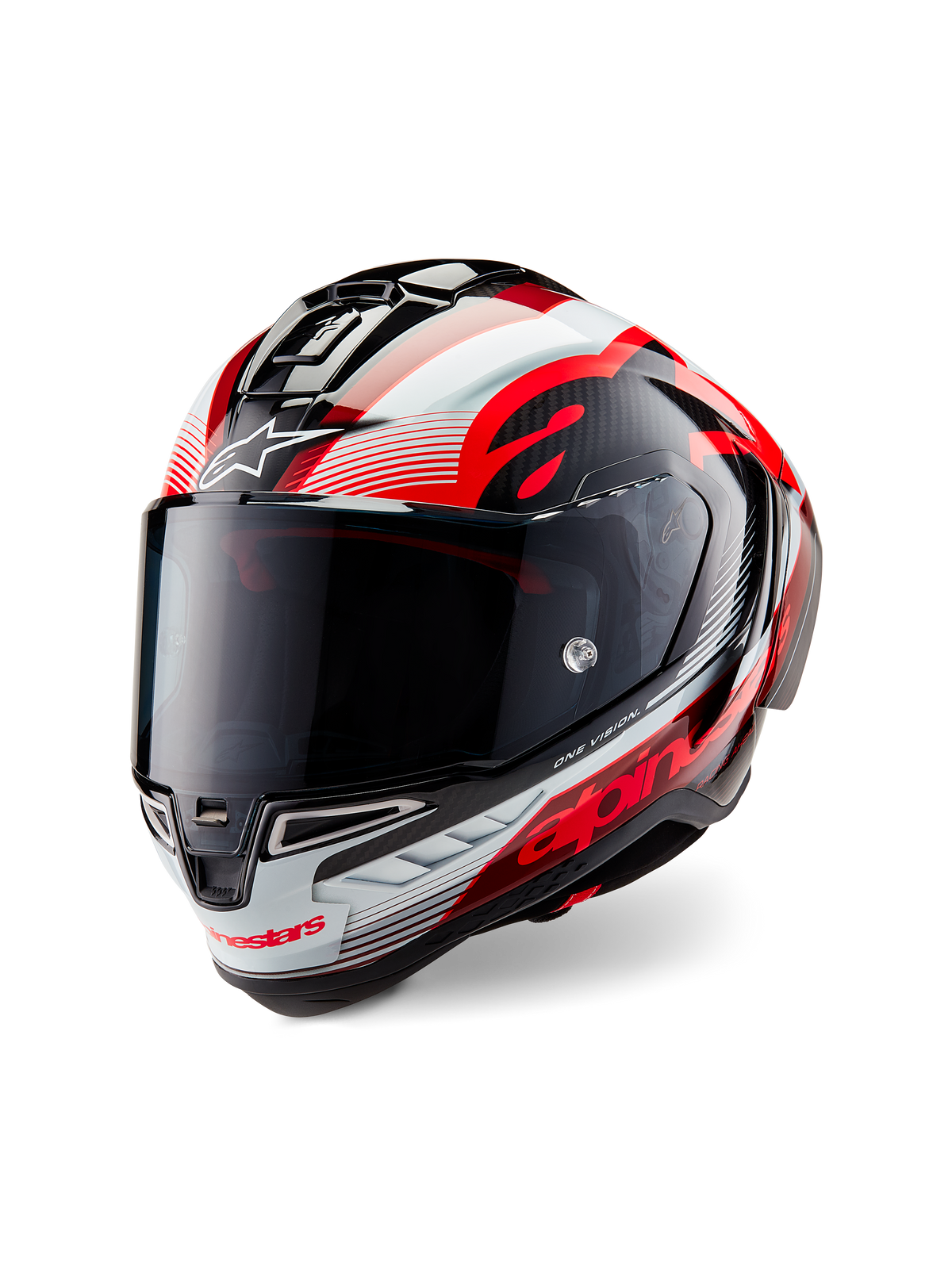 Alpinestars Supertech R10 Team-hjelm, full-face motorcykelhjelm, blank sort kulfiber med rød og hvid grafik, aerodynamisk skal, med markant Alpinestars-branding og tonet visir