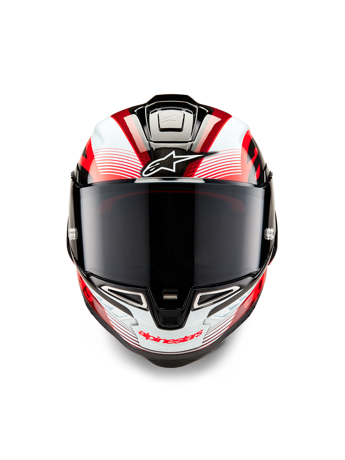 Alpinestars Supertech R10 Team-hjelm, set forfra, sort kulfiber, rød og hvid blank finish, med mørkt røgfarvet visir, hvidt Astar-logo på panden, rød Alpinestars-branding på hagebeskytteren, aerodynamisk racer-design med detaljeret grafik