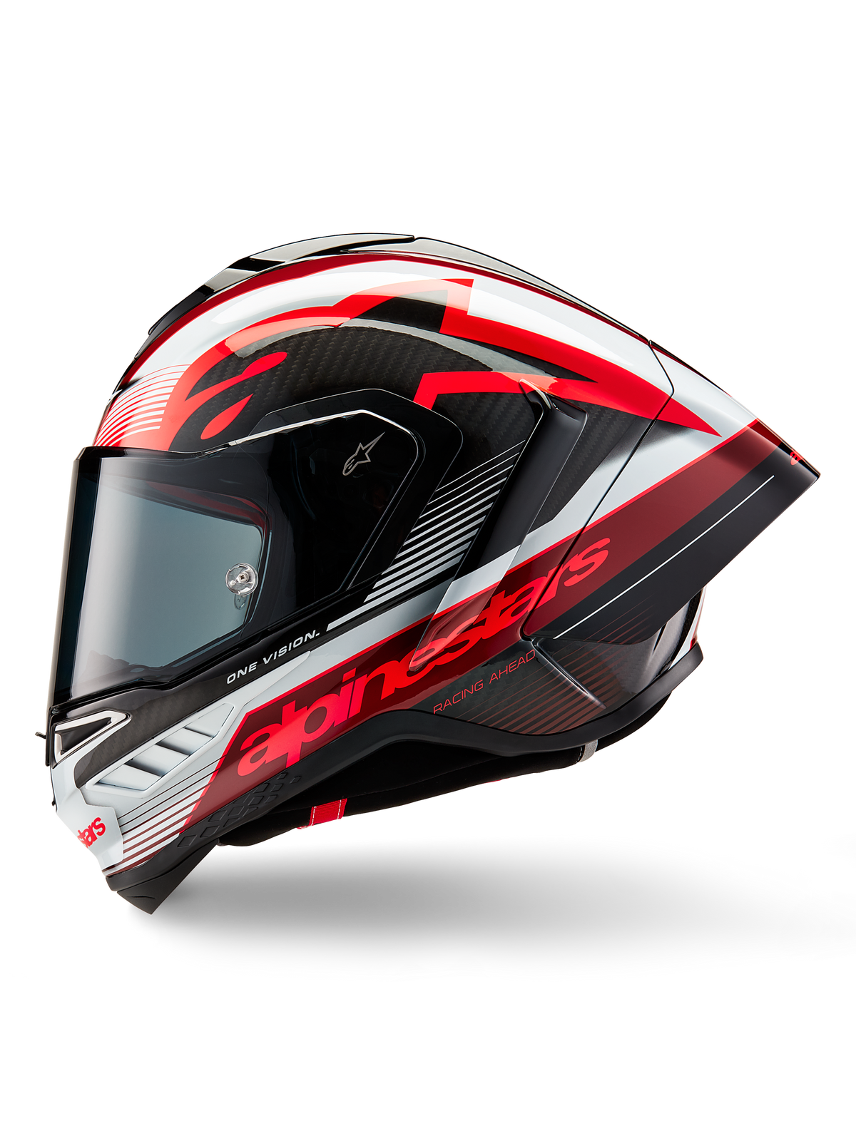 Alpinestars Supertech R10 Team hjelm, full-face motorcykelracerhjelm, sort kulfiber, rød og hvid blank finish, sideprofil der viser det aerodynamiske design, markant rød branding med 'One Vision' og 'Racing Ahead' tekst, strømlinet kulfiberkonstruktion til professionel ydeevne.