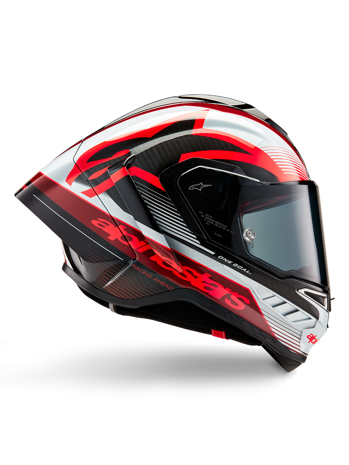 Alpinestars Supertech R10 Team hjelm, motorcykelracerhjelm, sort kulfiber med rød og hvid blank grafik, aerodynamisk profil med mørkt visir, kulfiberdetaljer og markant rød branding, højtydende racerudstyr