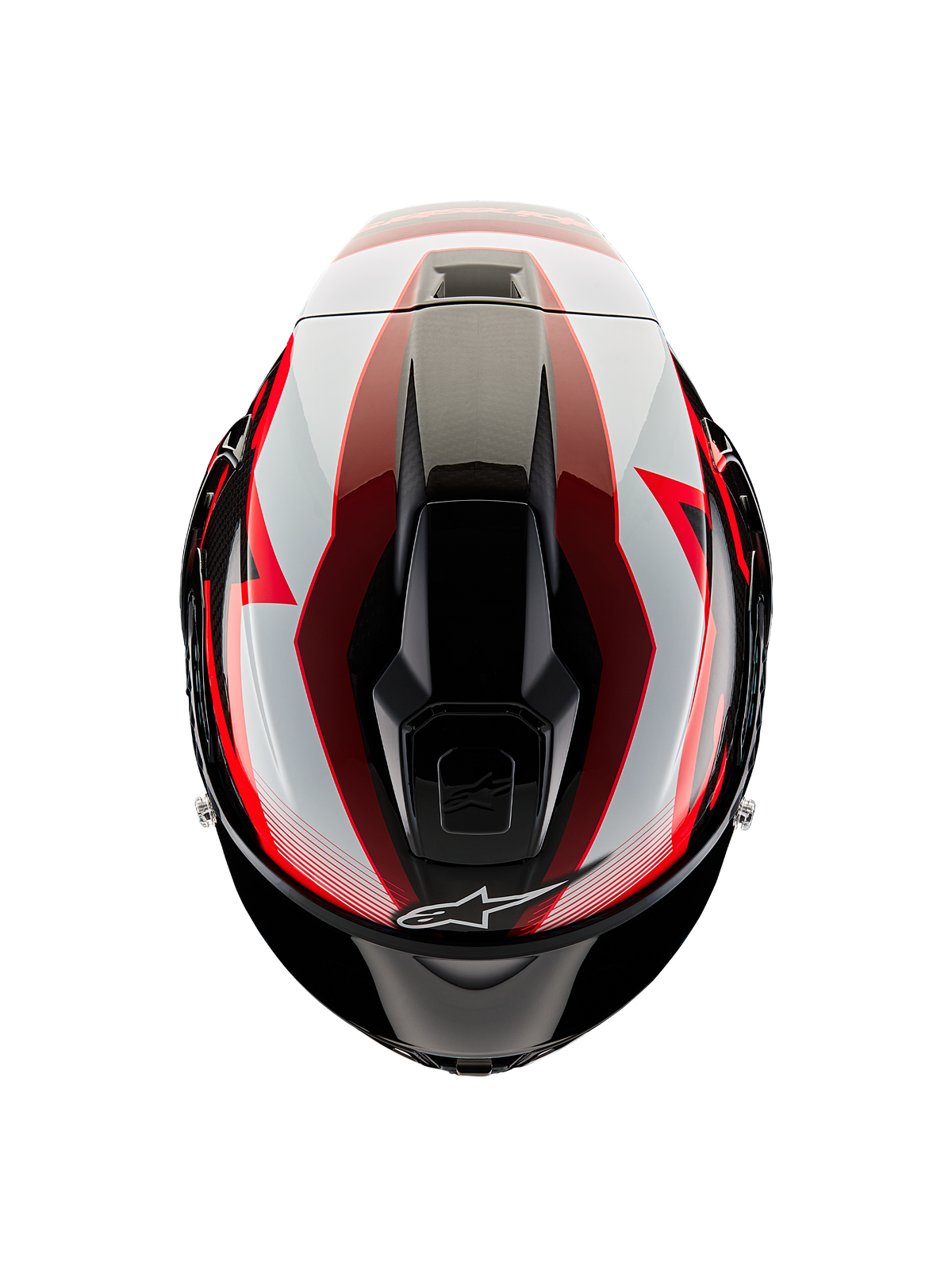 Alpinestars Supertech R10 Team hjelm, set fra toppen, sort carbon, rød og hvid blank, aerodynamisk skal med centrale ventilationsåbninger og markant racergrafik, professionel sportmotorcykelhjelm.