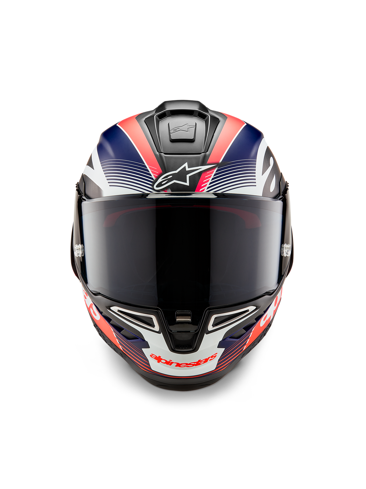Alpinestars Supertech R10 Team hjelm, fullface motorcykel racerhjelm, sort kulfiber med mat blå og fluoriserende rød grafik, set forfra med mørkt røgfarvet visir, aerodynamisk design med integrerede luftventiler, højtydende racerudstyr