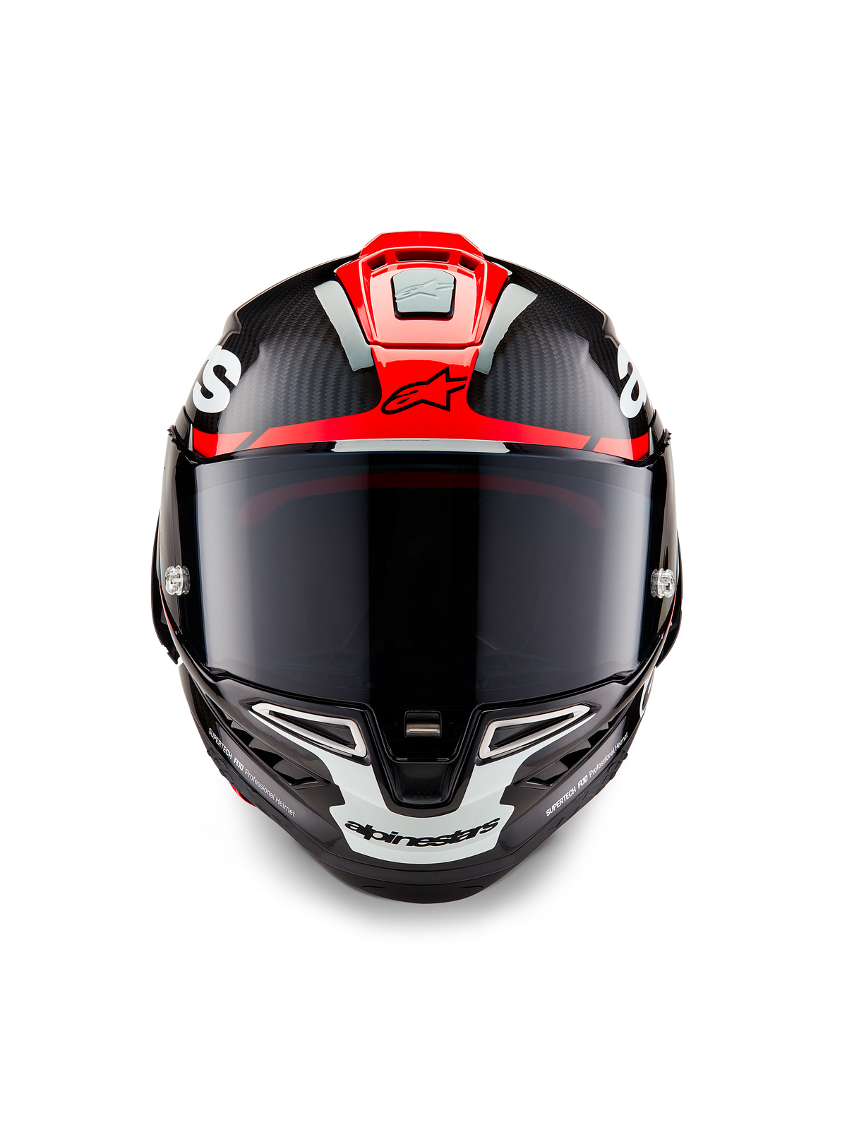 Alpinestars Supertech R10 Element hjelm, sort carbon med klarrøde og hvide blanke grafikker, set forfra med mørkt røgfarvet visir, synlig kulfibertekstur og integreret ventilation, professionel motorcykelhjelm i racerkvalitet