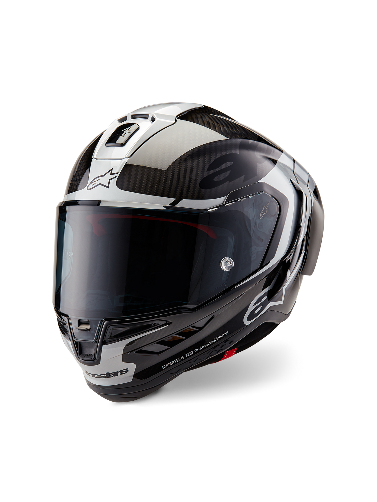 Alpinestars Supertech R10 Element hjelm, full-face motorcykelracerhjelm, sort kulfiber, sølv og blank sort, med mørkt røgfarvet visir, aerodynamisk kulfiberskal og Alpinestars branding