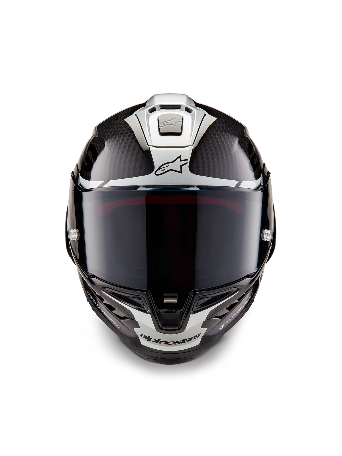 Alpinestars Supertech R10 Element hjelm, full-face racerhjelm, sort kulfiber sølv sort blank, set forfra med mørkt røgfarvet visir, blank kulfibervævning, sølvfarvet aerodynamisk grafik og Alpinestars-logoer