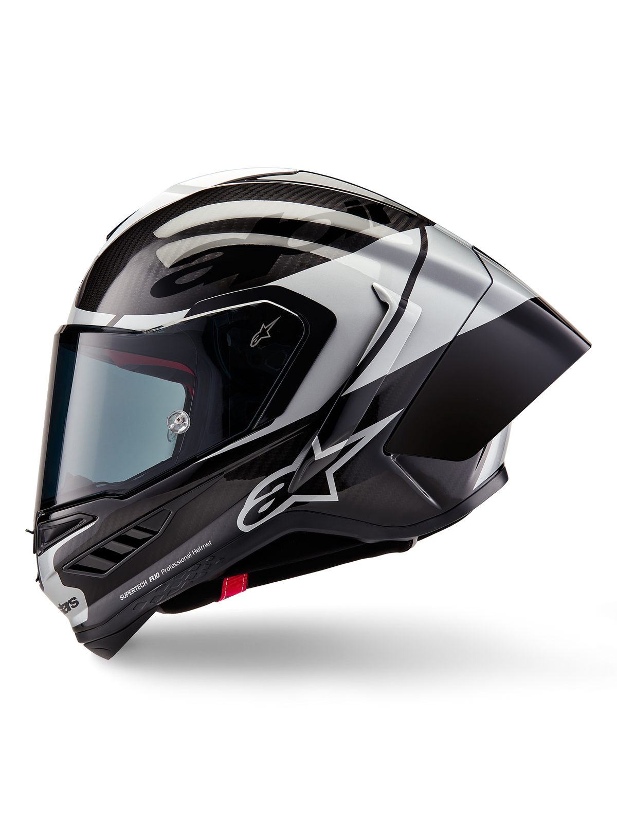 Alpinestars Supertech R10 Element hjelm, full-face motorcykel racinghjelm, sort karbon, sølv og blank sort, sideprofil der viser kulfibervævning og aerodynamisk bagspoiler, strømlinet design med Alpinestars-branding og professionel race-finish