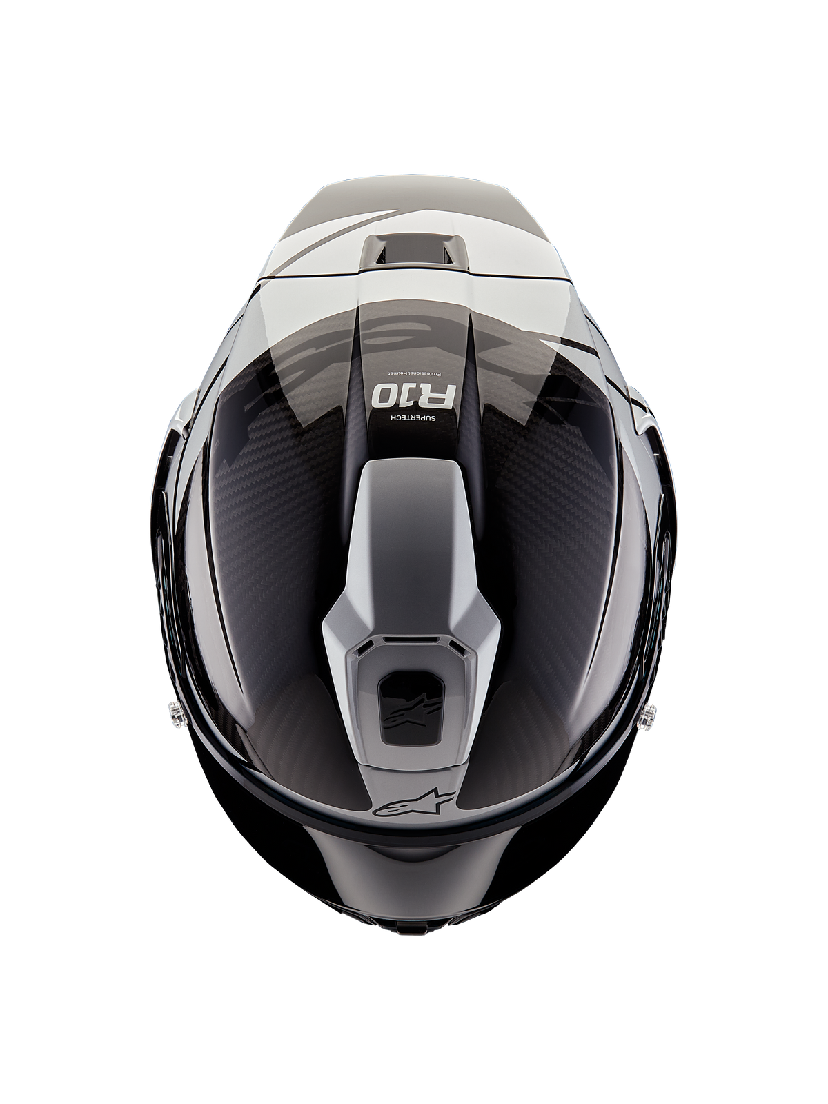 Alpinestars Supertech R10 Element-hjelm, set fra oven, Sort Carbon og Sølv, blank finish med synlig kulfibervævning, aerodynamisk ventilationsstruktur, R10-logo og Alpinestars-branding, professionel motorcykelhjelm til racing