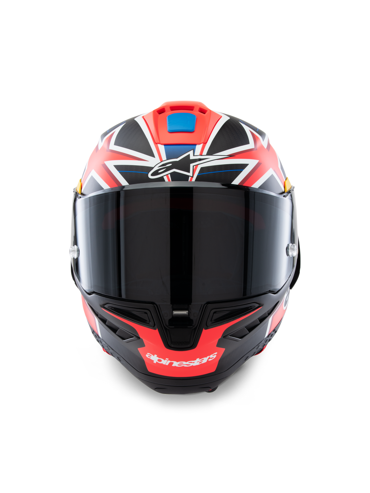 Alpinestars Supertech R10 Miller Limited Edition Helmet, Front view, Full-face racing motorcycle helmet featuring a Carbon Red Matt graphic with white and blue accents, Dark smoke visor, Jack Miller signature design, aerodynamic carbon shell construction