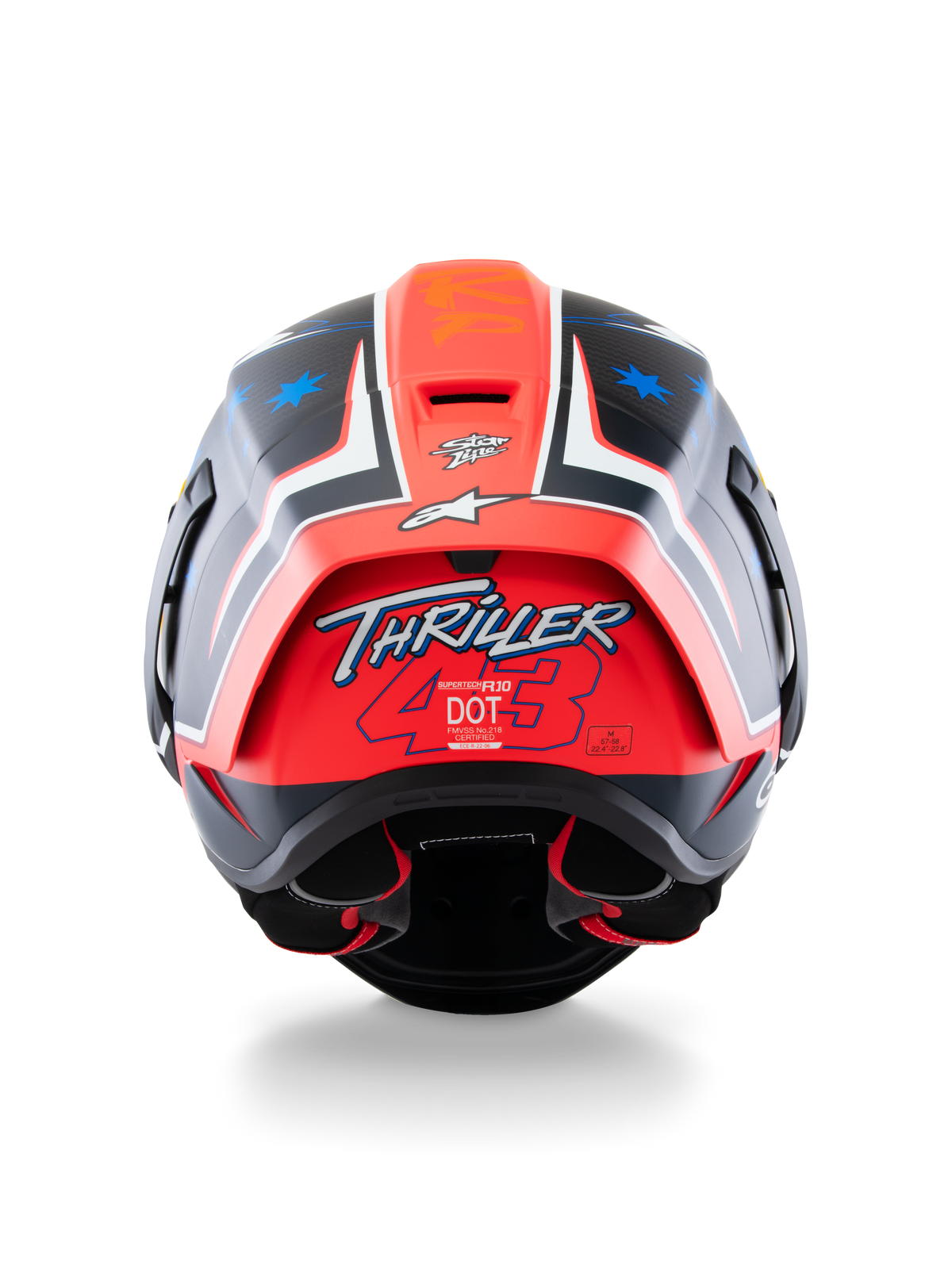 Alpinestars Supertech R10 Miller Limited Edition Helmet, Full-Face Racing Helmet, Carbon Red Matt with blue star graphics, rear view highlighting the 'Thriller 43' logo on the red spoiler, aerodynamic design with certification labels