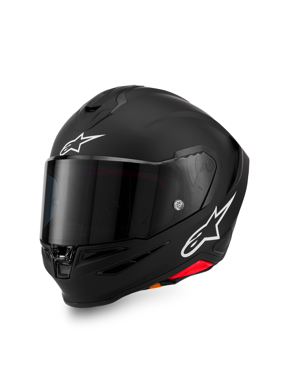 Alpinestars S-R7 Solid Helmet, full-face motorcycle helmet, Black Matte with white A-star logos, clear visor, ECE and DOT certified, aerodynamic racing and sport design