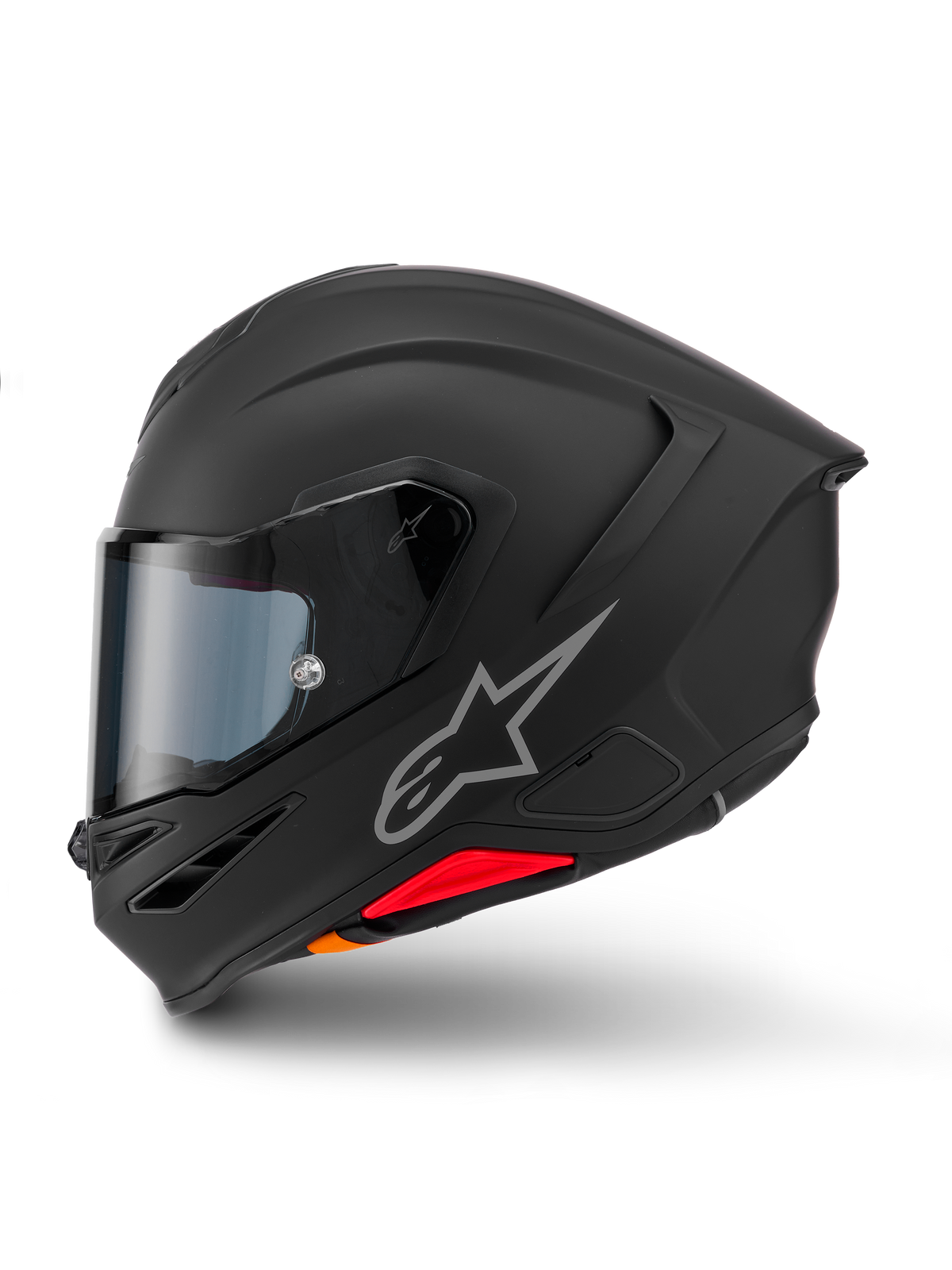 Alpinestars S-R7 Solid Helmet, Full-Face Motorcycle Helmet, Matte Black, side profile view featuring a silver Astars logo, aerodynamic design with integrated spoiler, and red and orange collarbone accents.